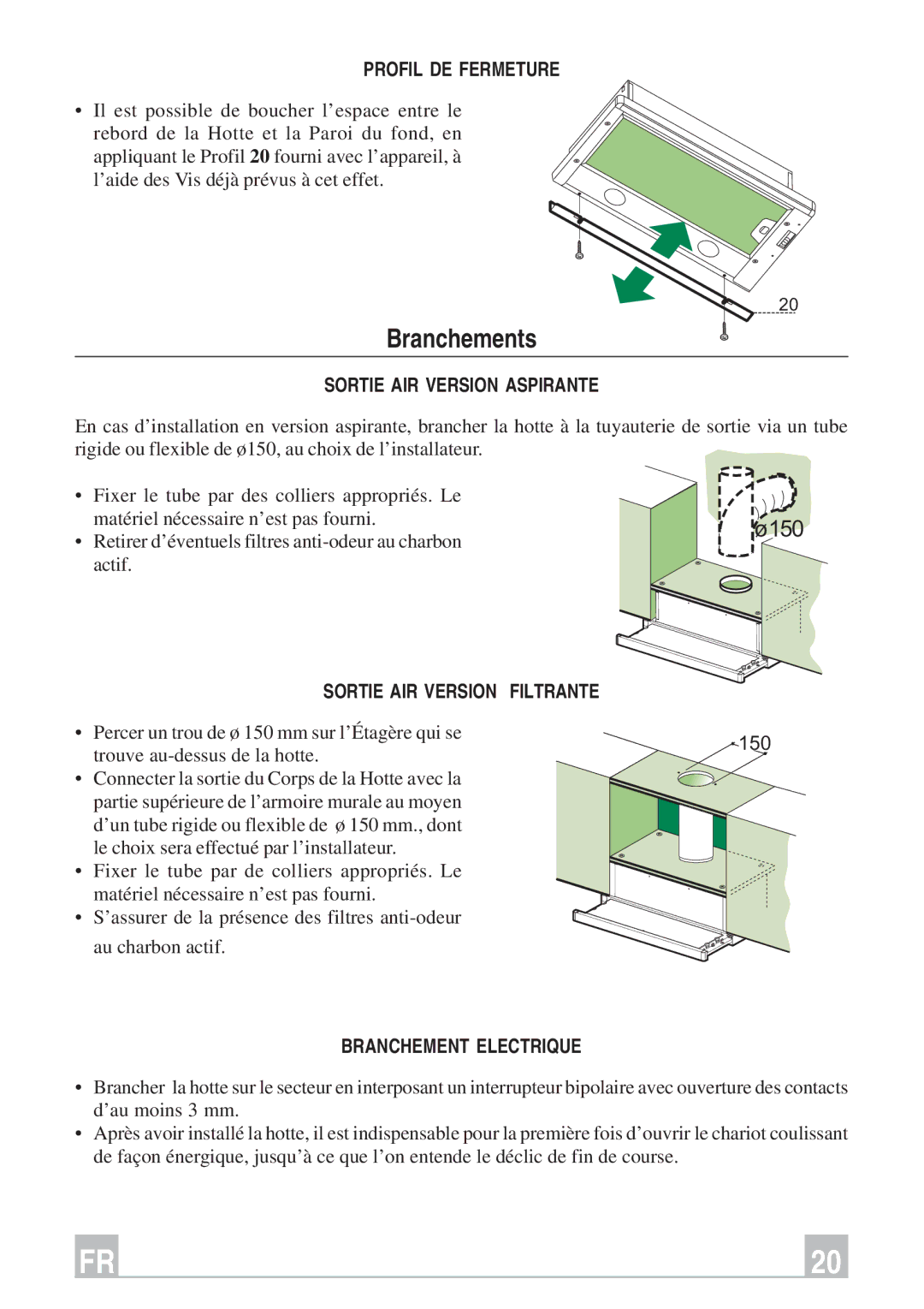 Smeg KSET66, KSET96 Branchements, Profil DE Fermeture, Sortie AIR Version Aspirante, Sortie AIR Version Filtrante 