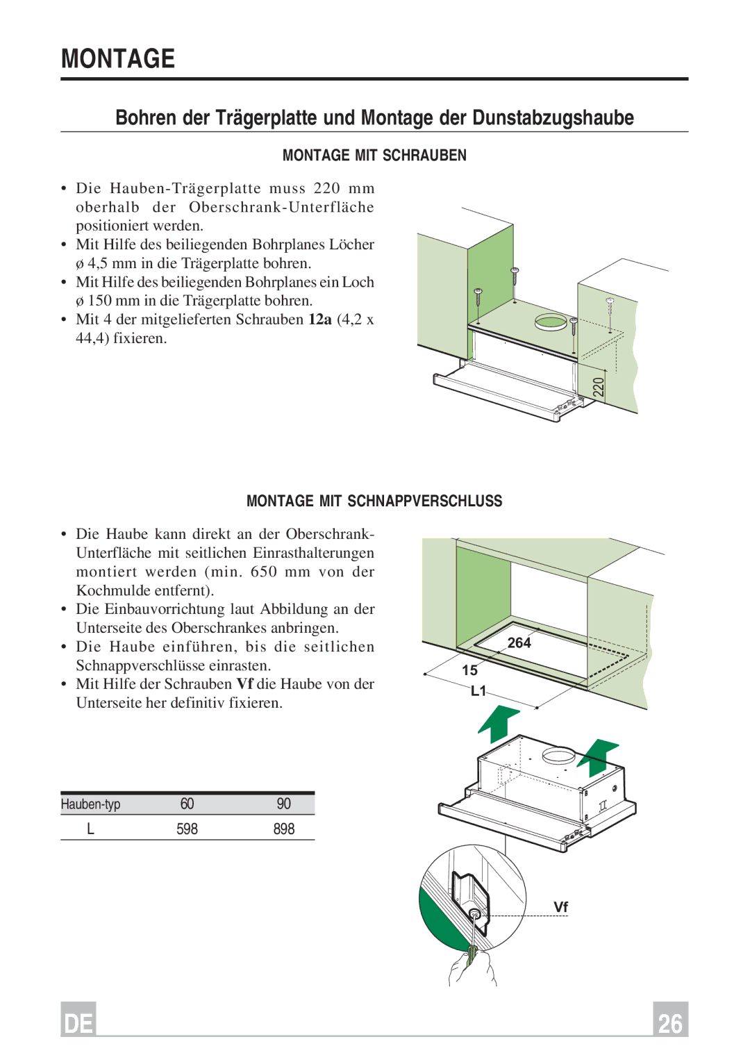 Smeg KSET66, KSET96 instruction manual Bohren der Trägerplatte und Montage der Dunstabzugshaube, Montage MIT Schrauben 