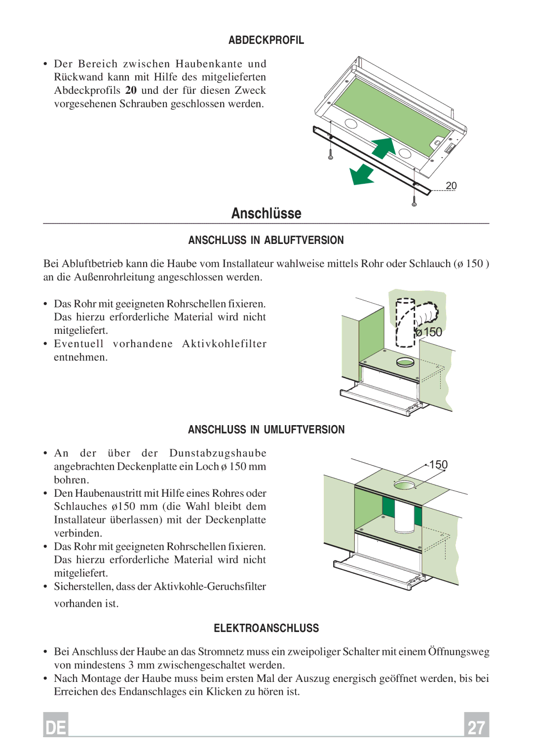 Smeg KSET96, KSET66 Anschlüsse, Abdeckprofil, Anschluss in Abluftversion, Anschluss in Umluftversion, Elektroanschluss 