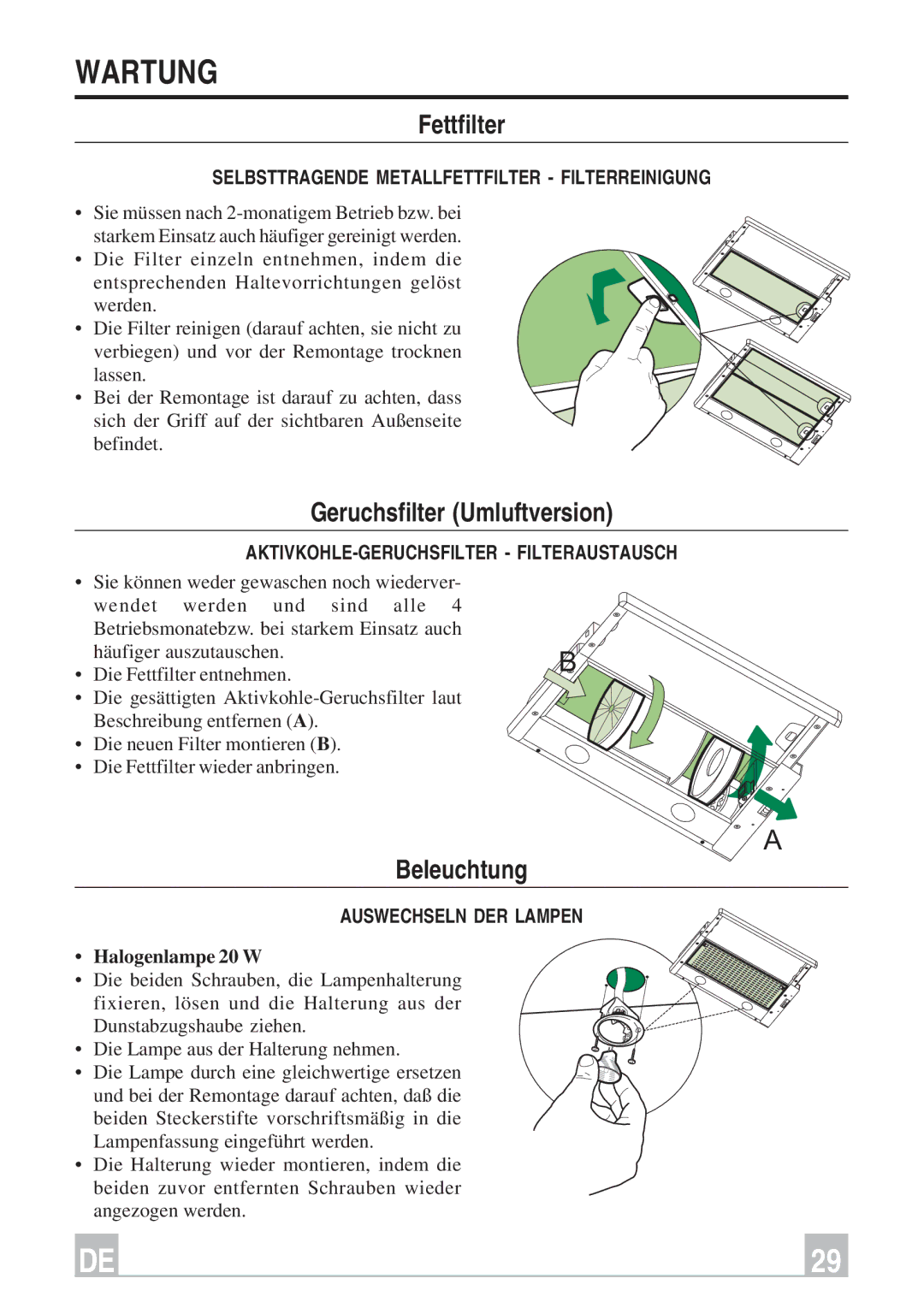 Smeg KSET96, KSET66 instruction manual Wartung, Fettfilter, Geruchsfilter Umluftversion, Beleuchtung 