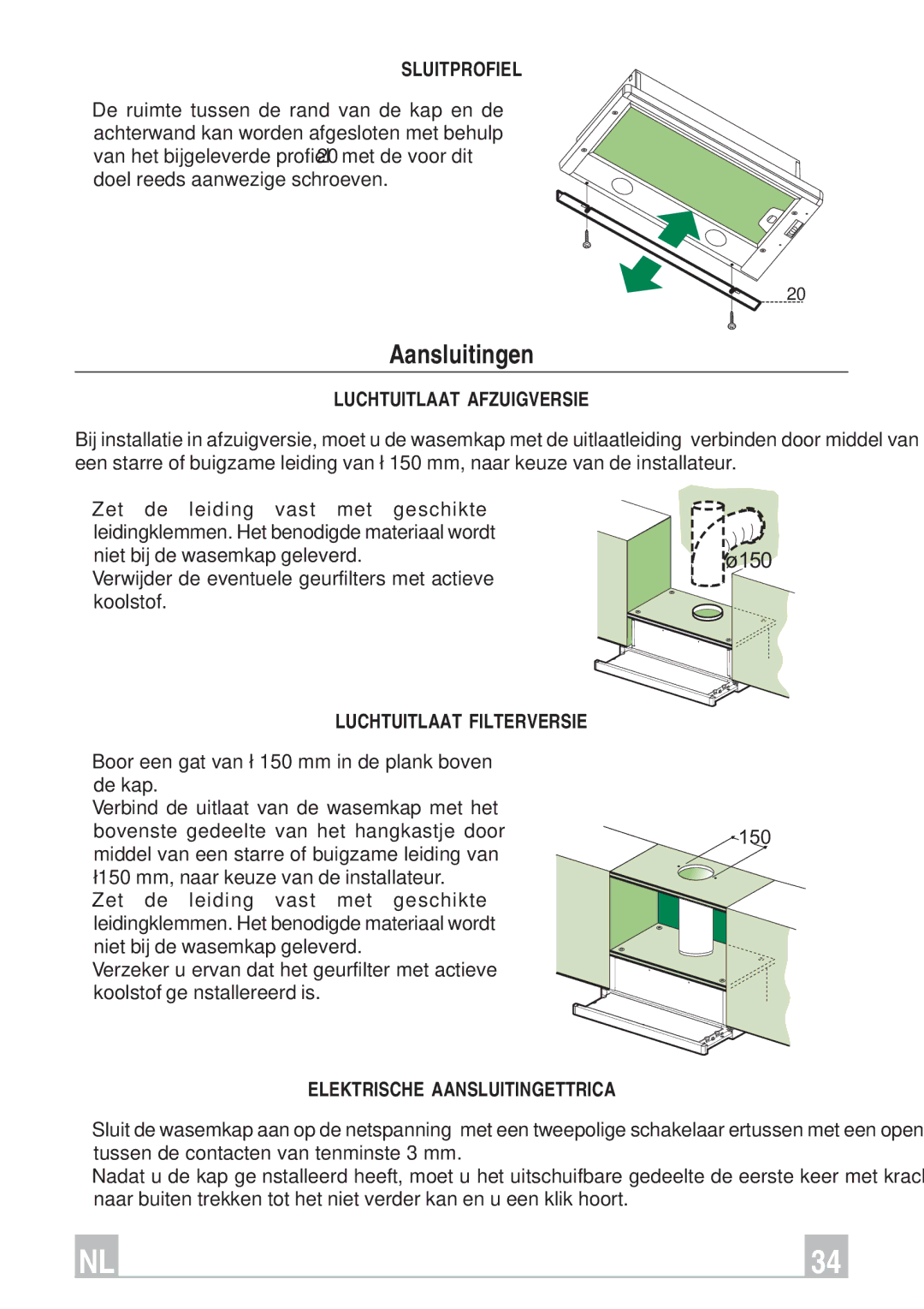 Smeg KSET66, KSET96 instruction manual Aansluitingen, Sluitprofiel, Luchtuitlaat Afzuigversie, Luchtuitlaat Filterversie 