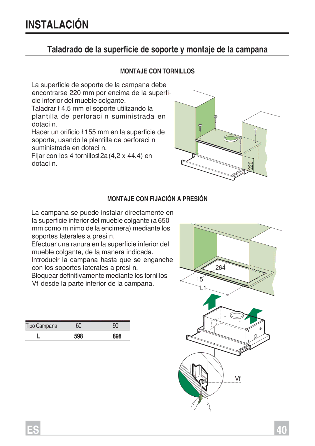 Smeg KSET66, KSET96 instruction manual Instalación, Montaje CON Tornillos, Montaje CON Fijación a Presión 