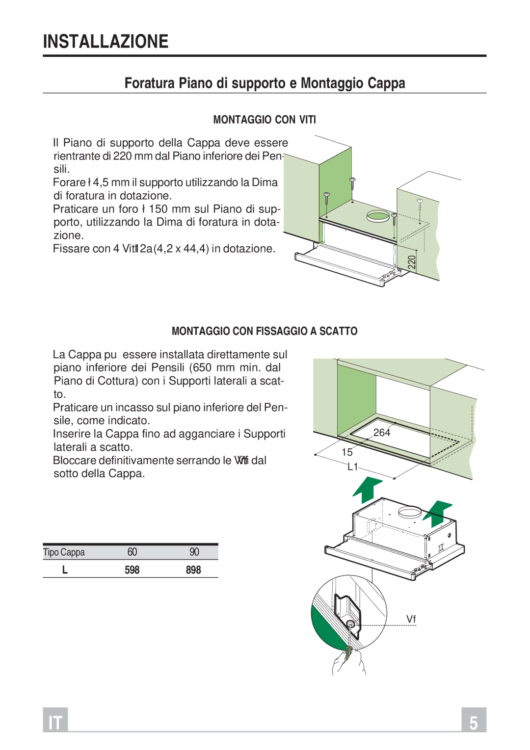 Smeg KSET96, KSET66 instruction manual Installazione, Foratura Piano di supporto e Montaggio Cappa, Montaggio CON Viti 