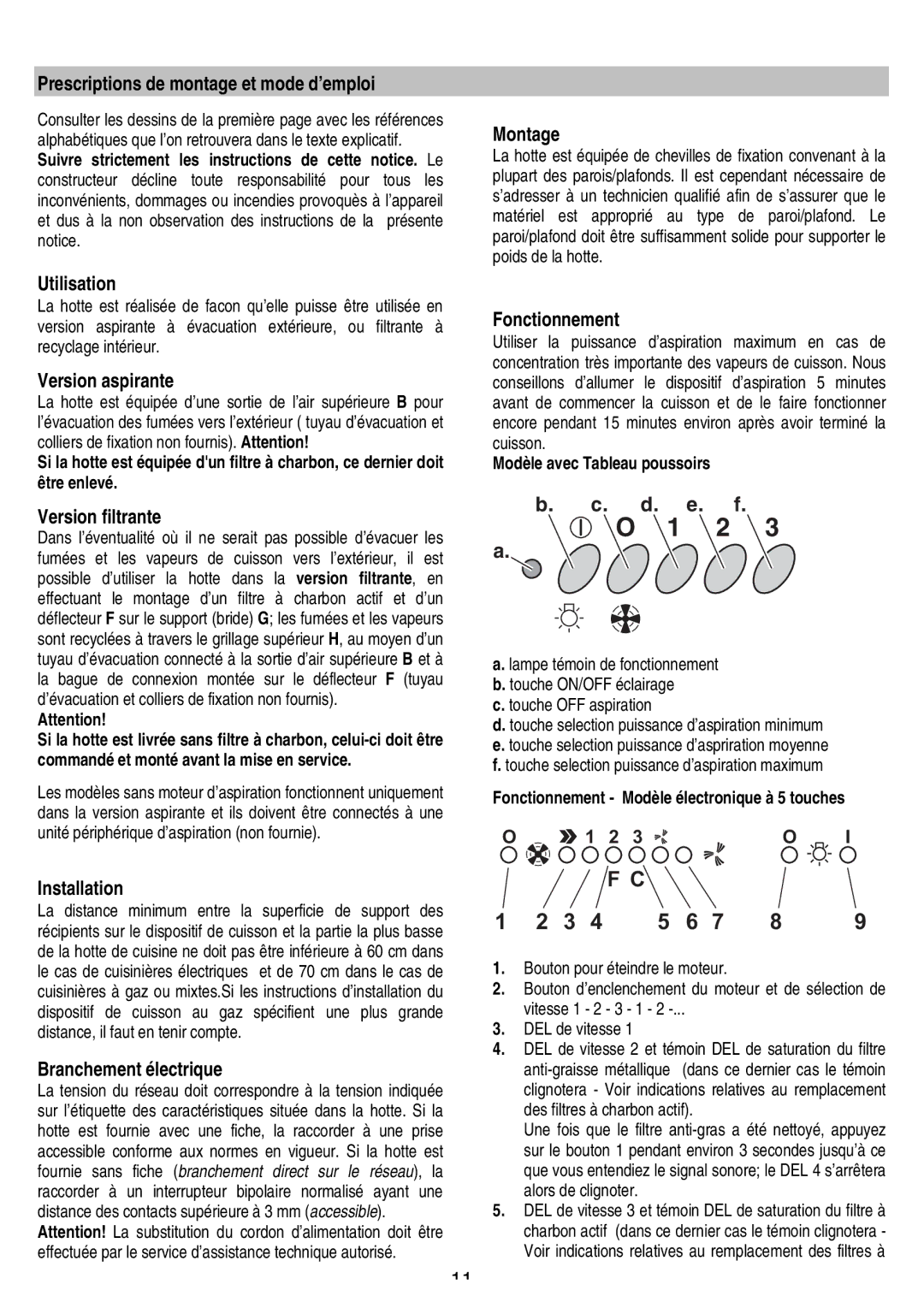 Smeg KSEV90X Prescriptions de montage et mode d’emploi, Utilisation, Version aspirante, Version filtrante, Fonctionnement 