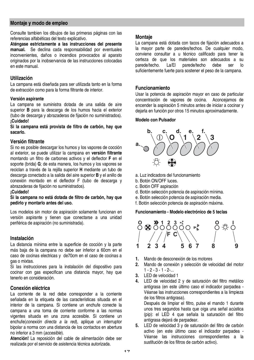 Smeg KSEV90X Montaje y modo de empleo, Utilización, Versión filtrante, Instalación, Conexión eléctrica, Funcionamiento 