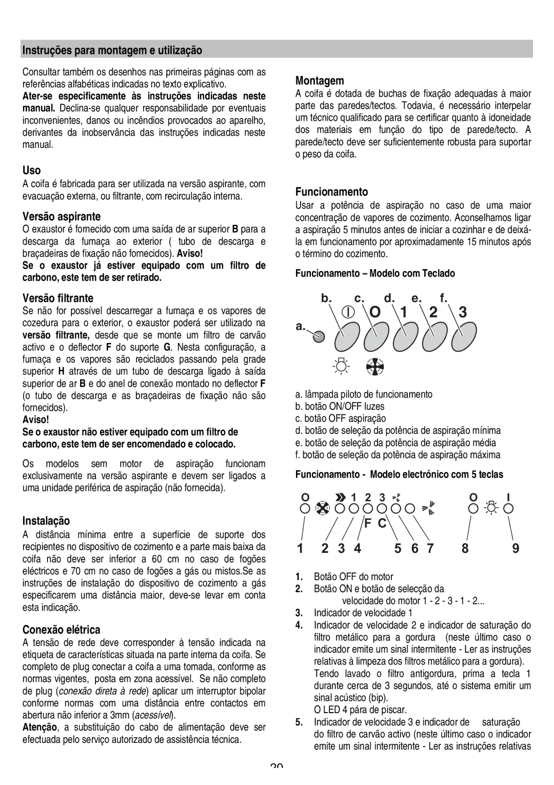 Smeg KSEV90X manual Instruções para montagem e utilização, Uso, Versão aspirante, Montagem, Funcionamento, Versão filtrante 