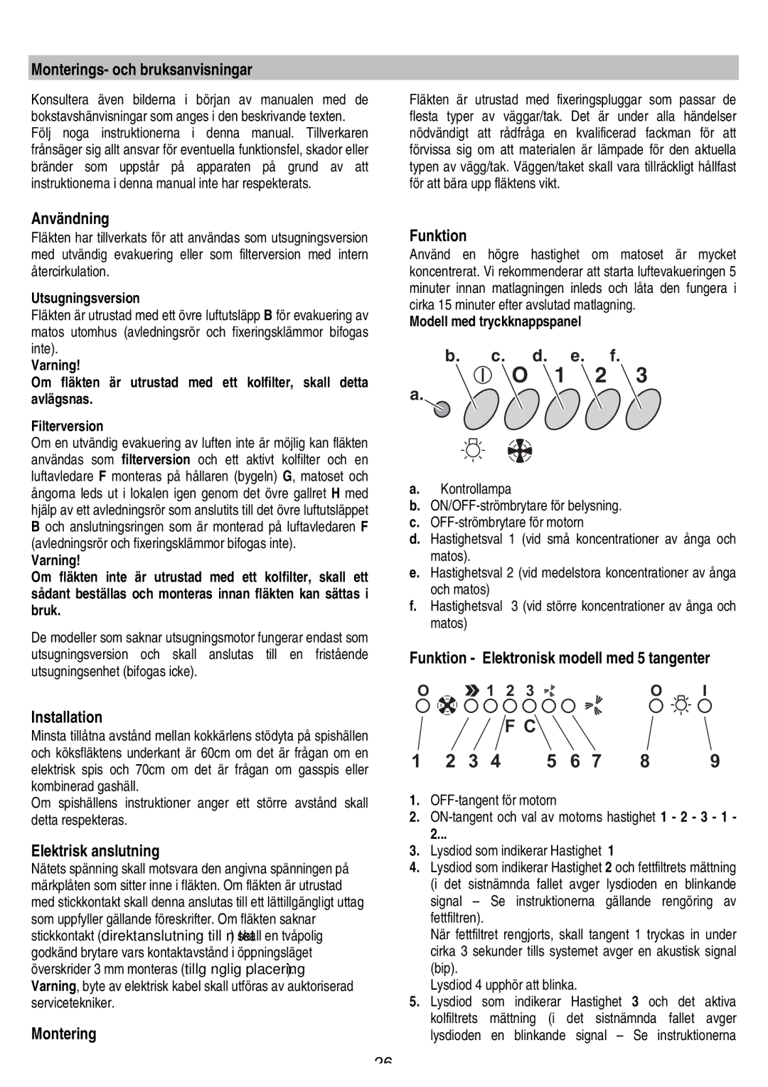 Smeg KSEV90X manual Monterings- och bruksanvisningar, Användning, Elektrisk anslutning, Montering Funktion 