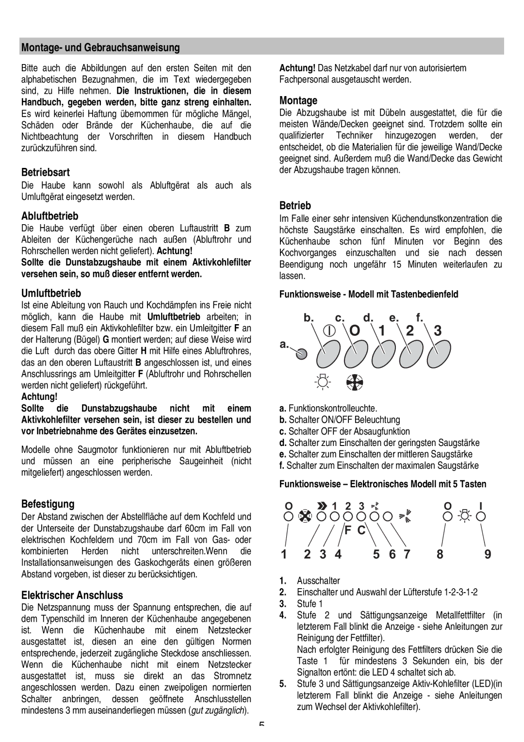 Smeg KSEV90X manual Montage- und Gebrauchsanweisung, Betriebsart, Abluftbetrieb, Umluftbetrieb, Befestigung 