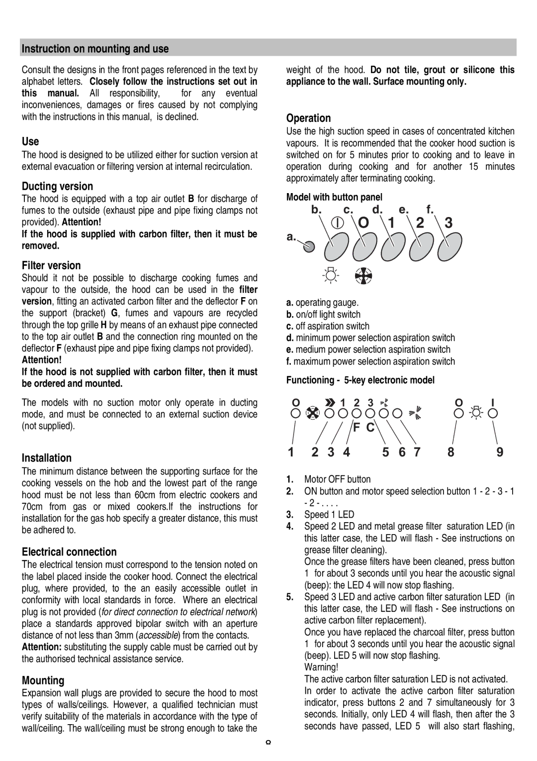 Smeg KSEV90X Instruction on mounting and use, Use, Ducting version, Filter version, Installation, Electrical connection 