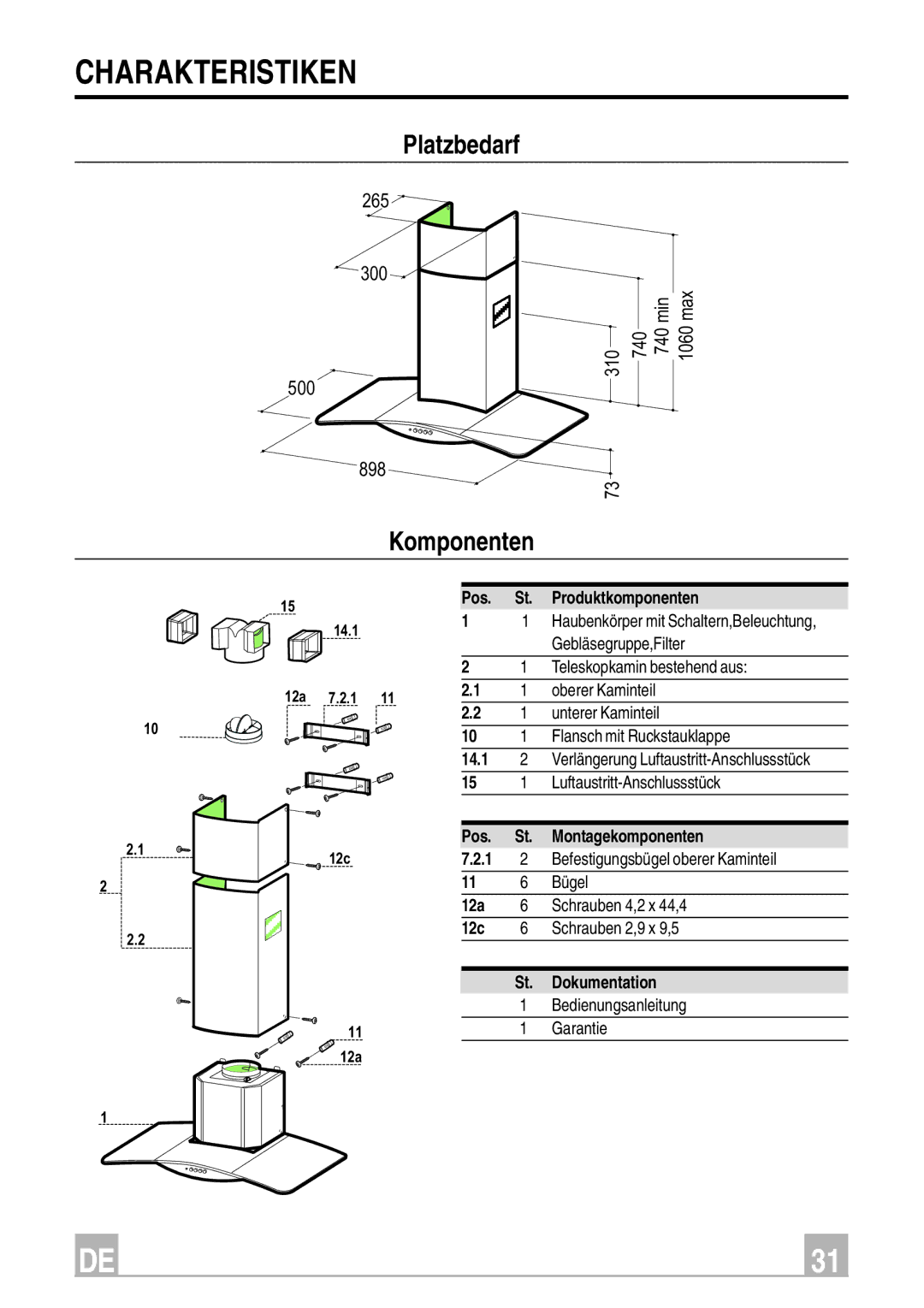 Smeg KSEV96X instruction manual Charakteristiken, Platzbedarf, Komponenten 