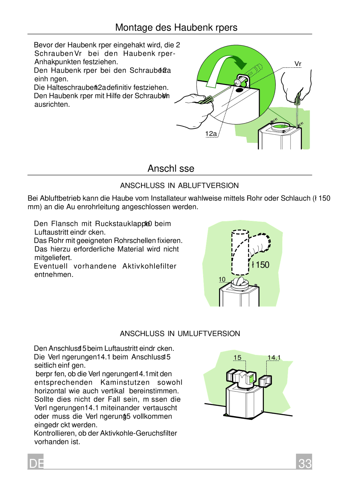 Smeg KSEV96X Montage des Haubenkörpers, Anschlüsse, 12a, Anschluss in Abluftversion, Anschluss in Umluftversion 