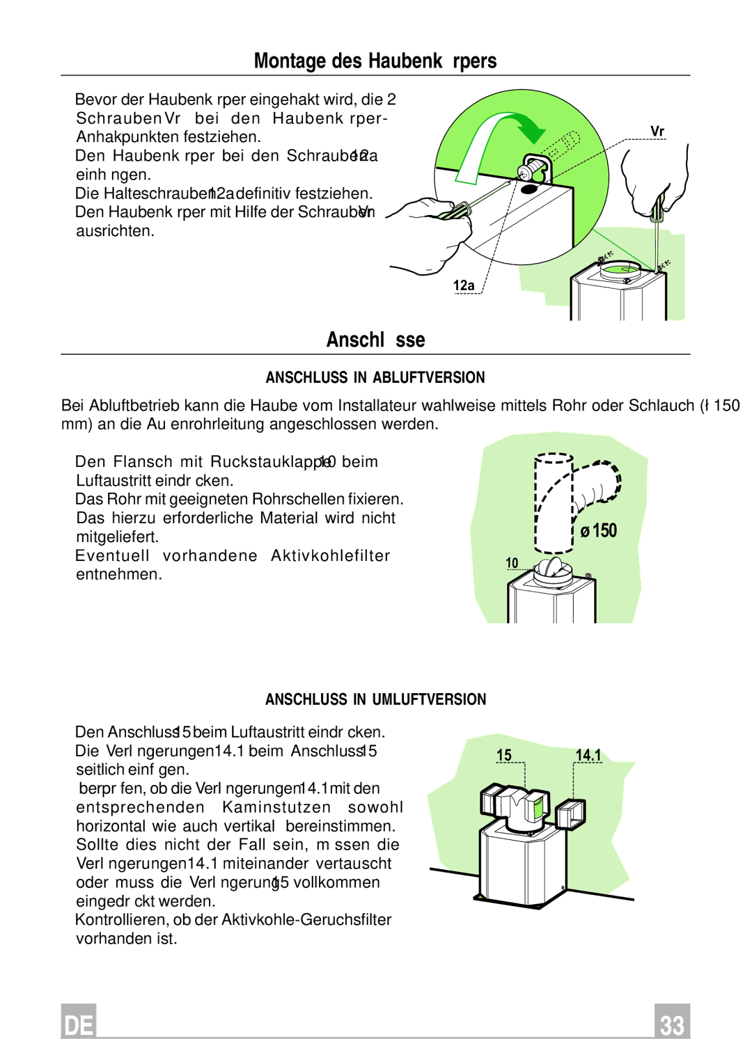 Smeg KSEV97X Montage des Haubenkörpers, Anschlüsse, Anschluss in Abluftversion, Anschluss in Umluftversion, 150 14.1 