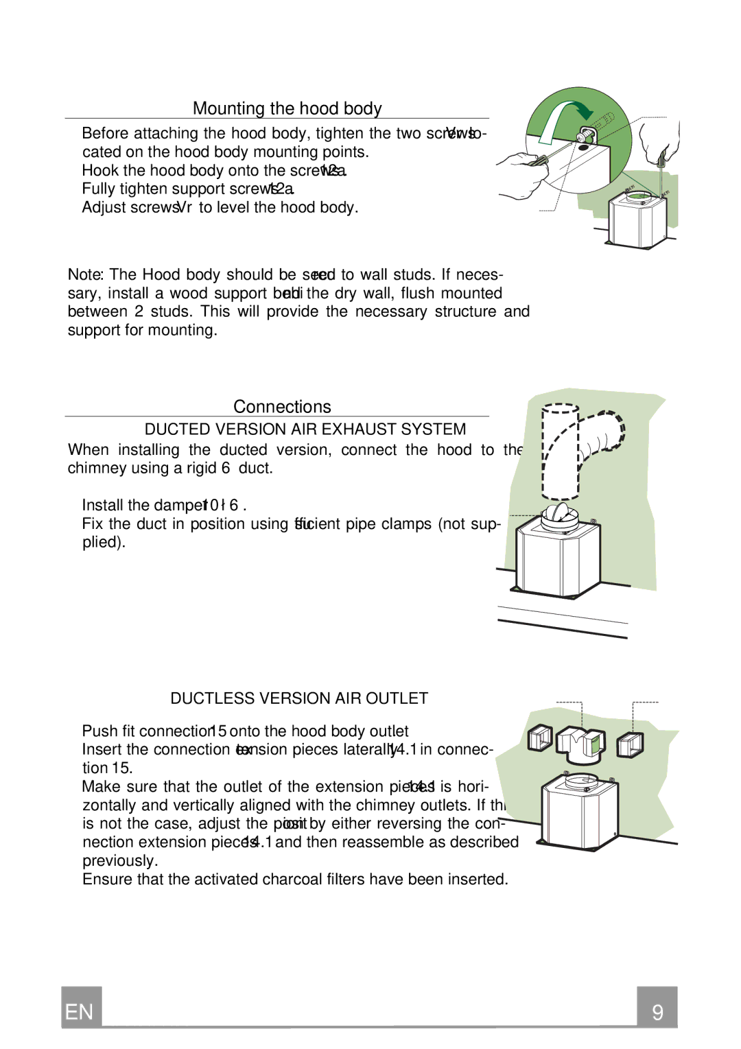 Smeg KSM36XU, KSM24XU, KSM30XU manual Mounting the hood body, Connections, Ducted Version AIR Exhaust System 