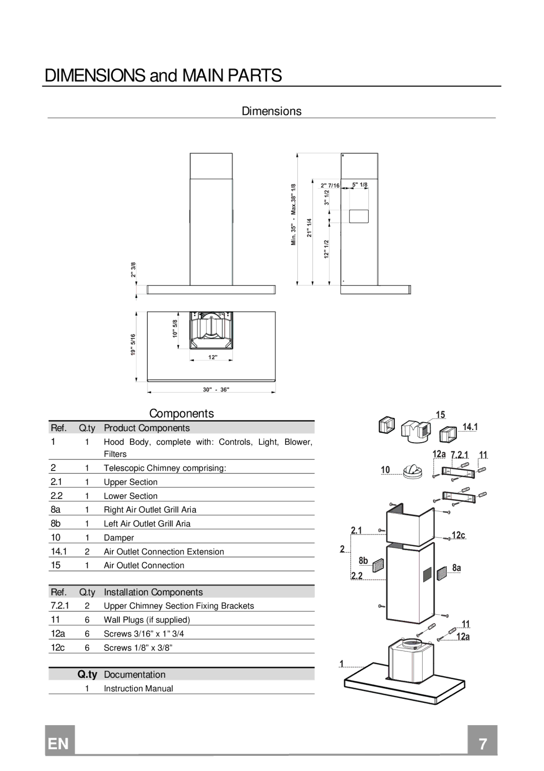 Smeg KSM24XU, KSM36XU manual Dimensions, Components 