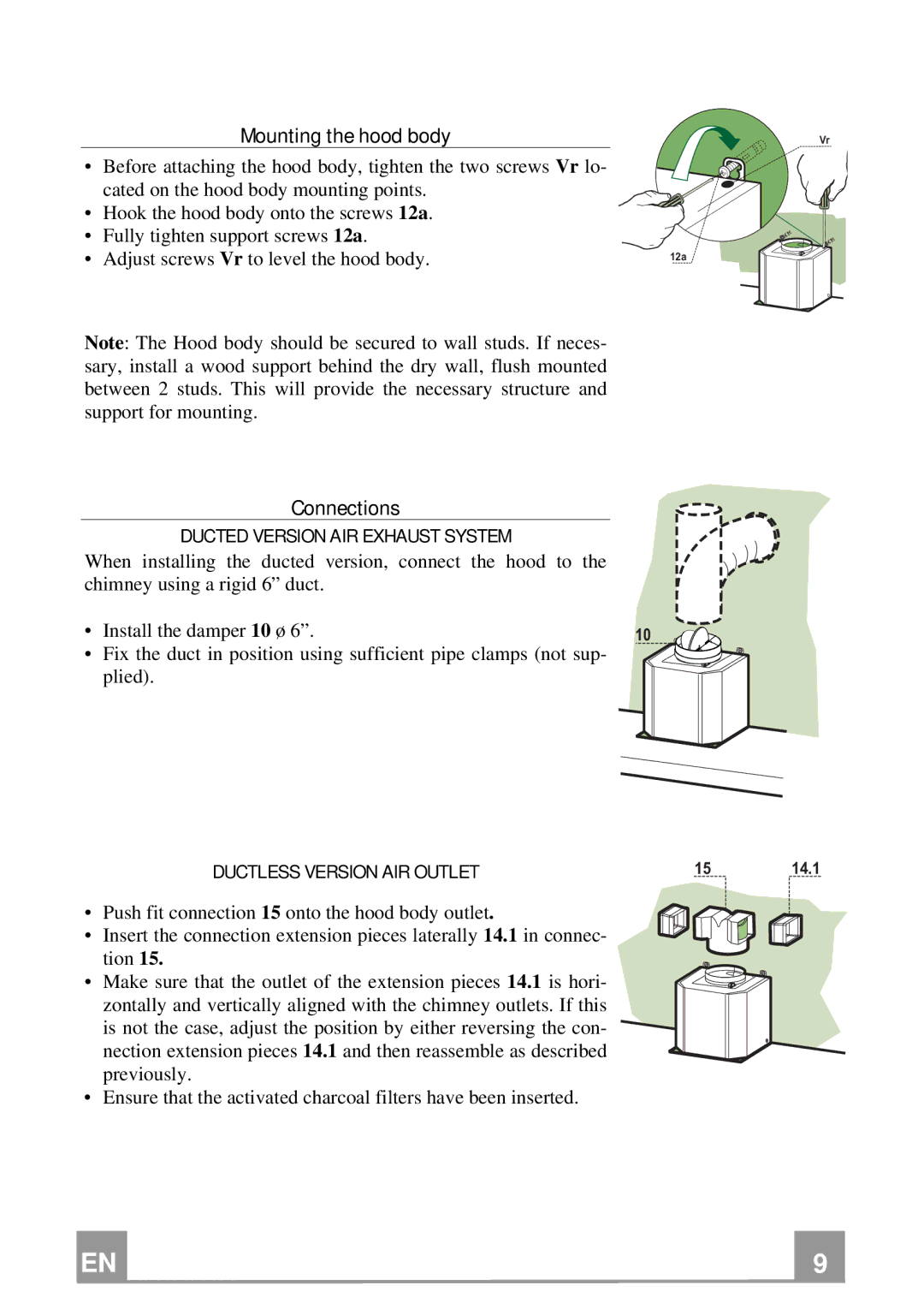 Smeg KSM24XU, KSM36XU manual Mounting the hood body, Connections, Ducted Version AIR Exhaust System 