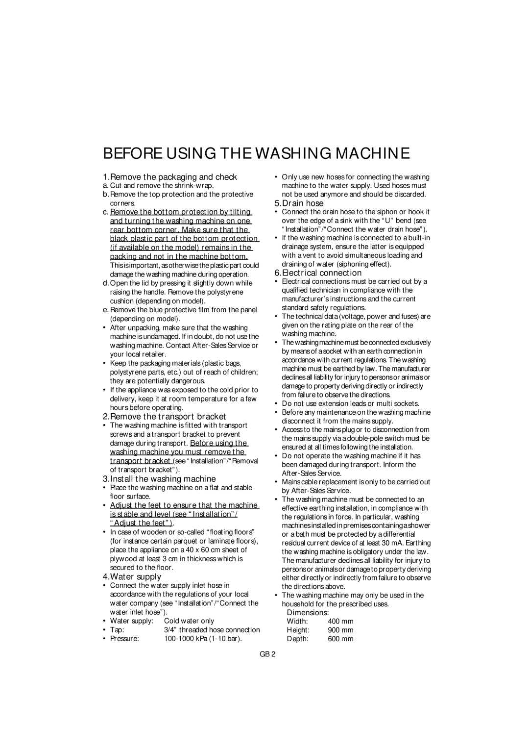 Smeg KTL6 manual Before Using the Washing Machine 