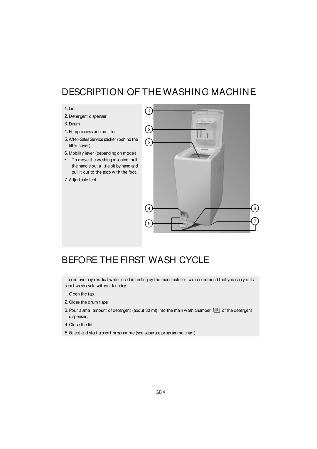 Smeg KTL6 manual Description of the Washing Machine, Before the First Wash Cycle, Adjustable feet 