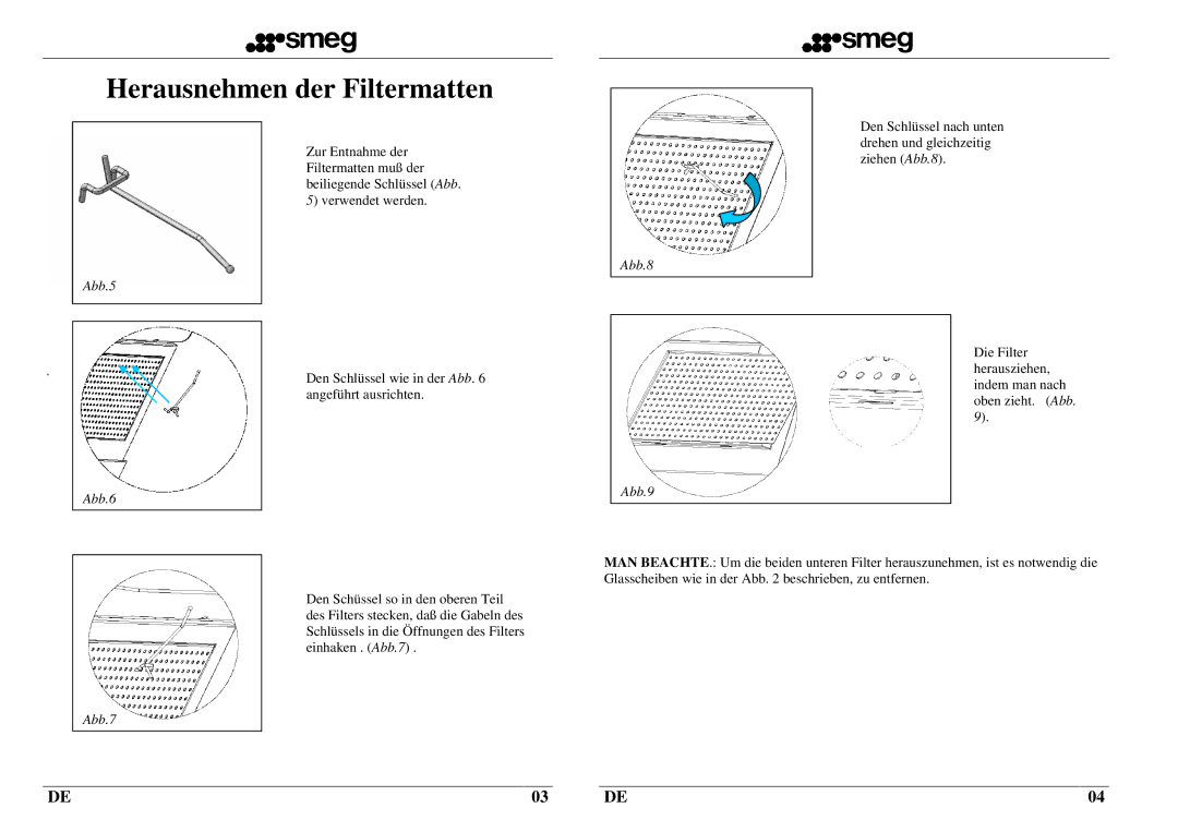 Smeg KTS75C instruction manual Herausnehmen der Filtermatten, Abb.6, Abb.7, Abb.8, Abb.9 