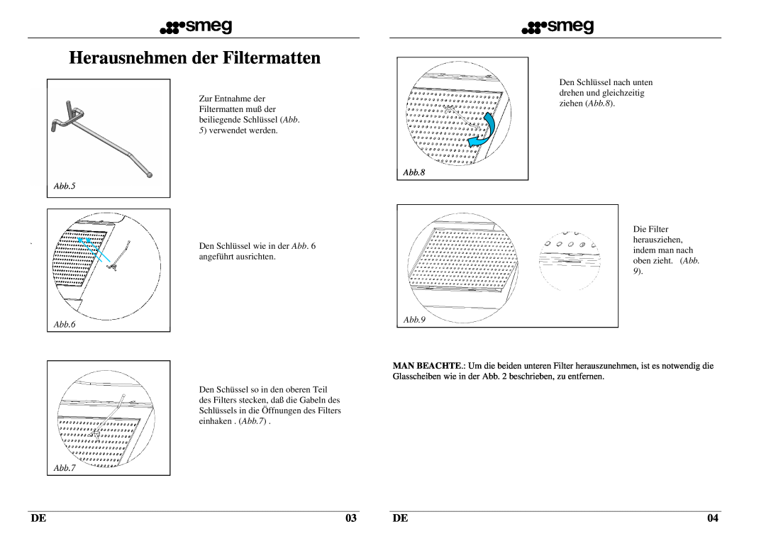 Smeg KTS75C instruction manual Herausnehmen der Filtermatten, Abb.5, Abb.6, Abb.7, Abb.8, Abb.9 