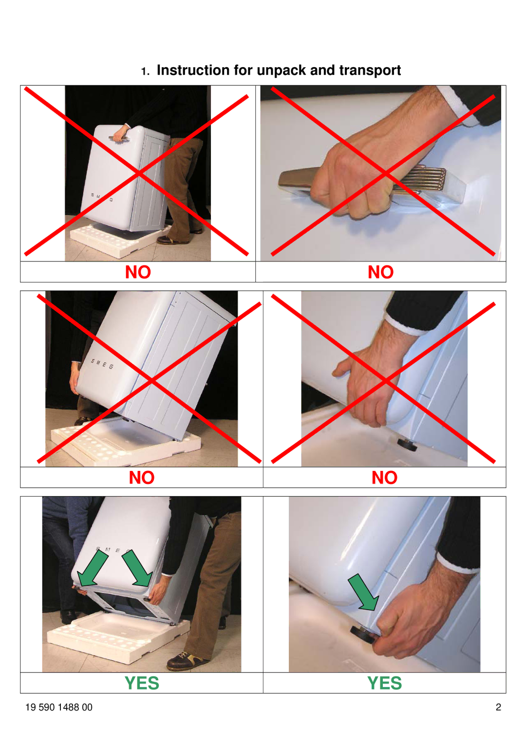 Smeg LBE16 manual Yes, Instruction for unpack and transport 