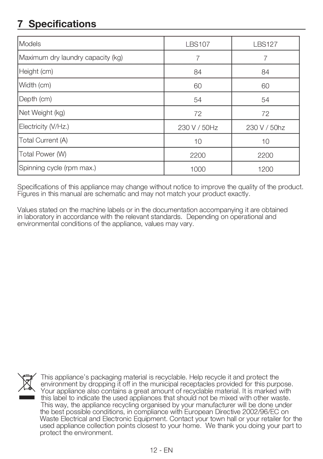 Smeg LBS 107, LBS 127 manual Specifications 