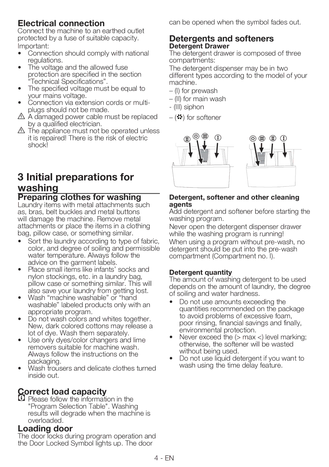 Smeg LBS 107, LBS 127 manual Initial preparations for washing 