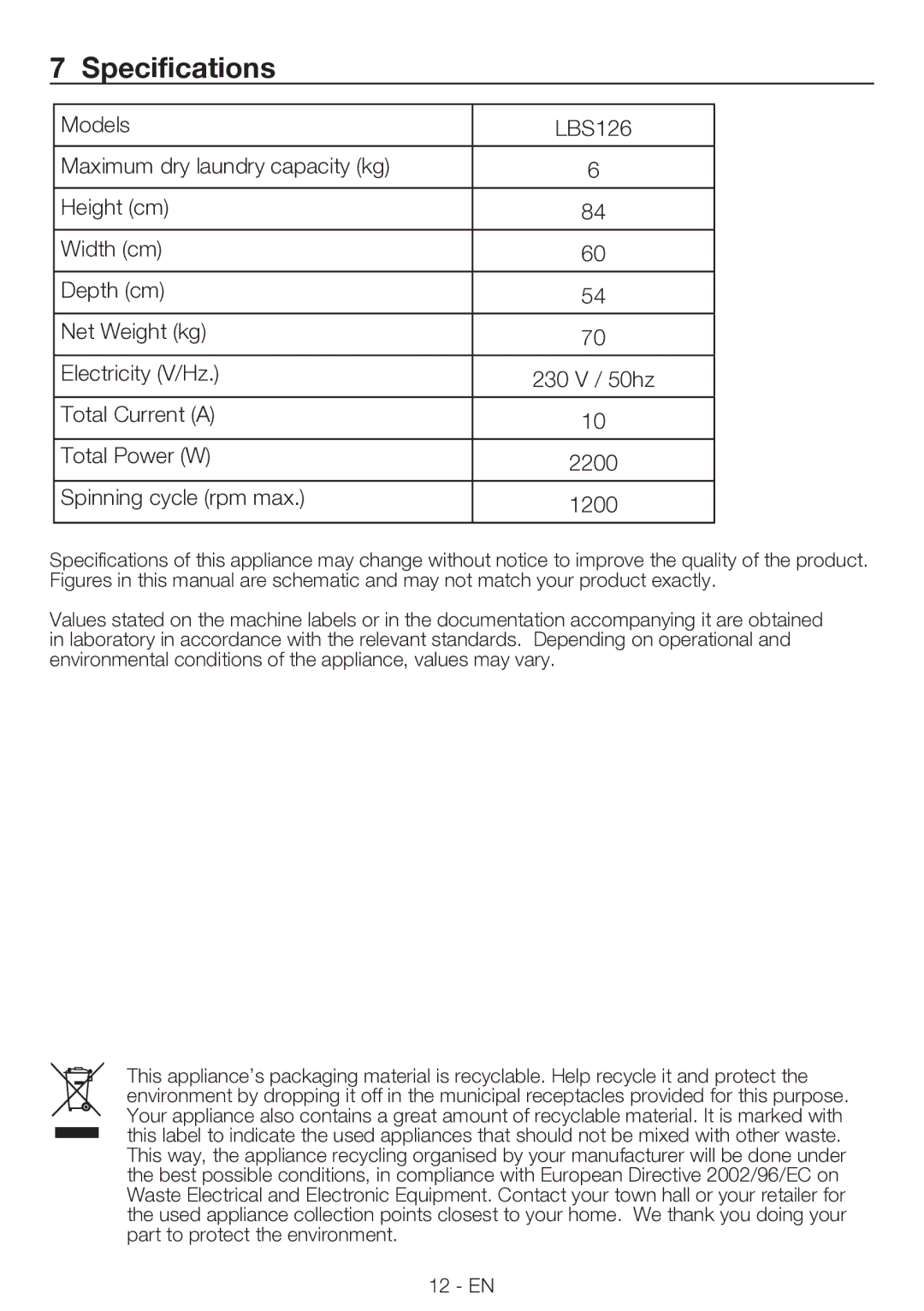 Smeg LBS 126 manual Specifications 