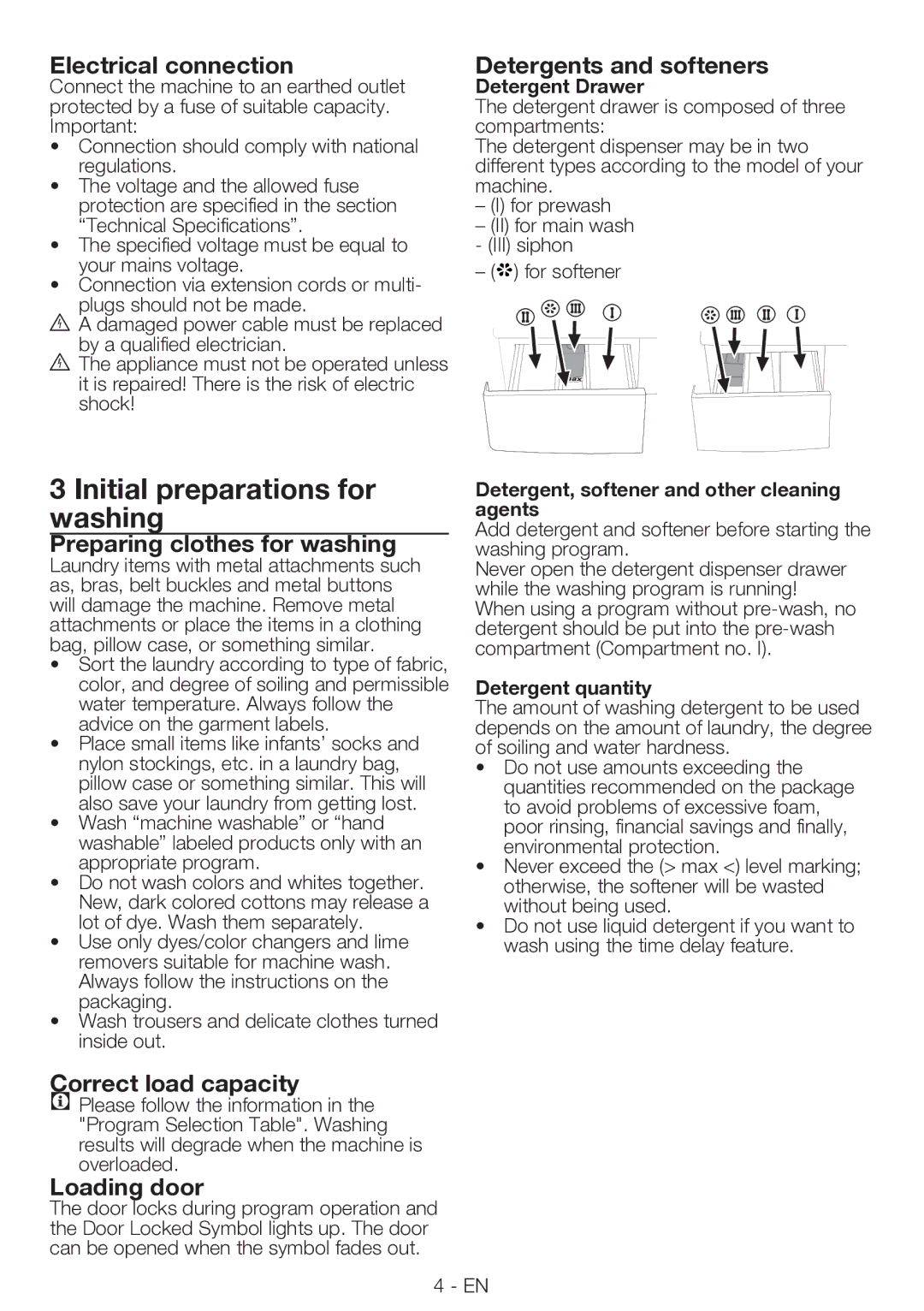 Smeg LBS 126 manual Initial preparations for washing 