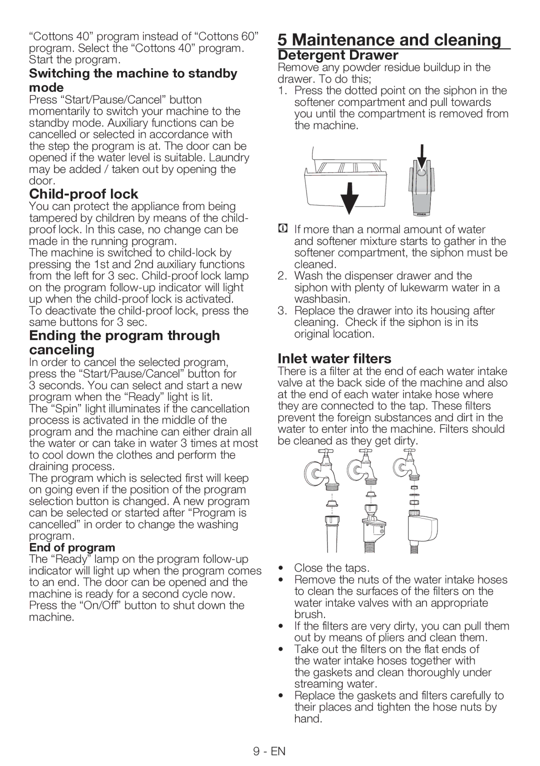 Smeg LBS 126 manual Maintenance and cleaning, Child-proof lock, Ending the program through canceling, Detergent Drawer 