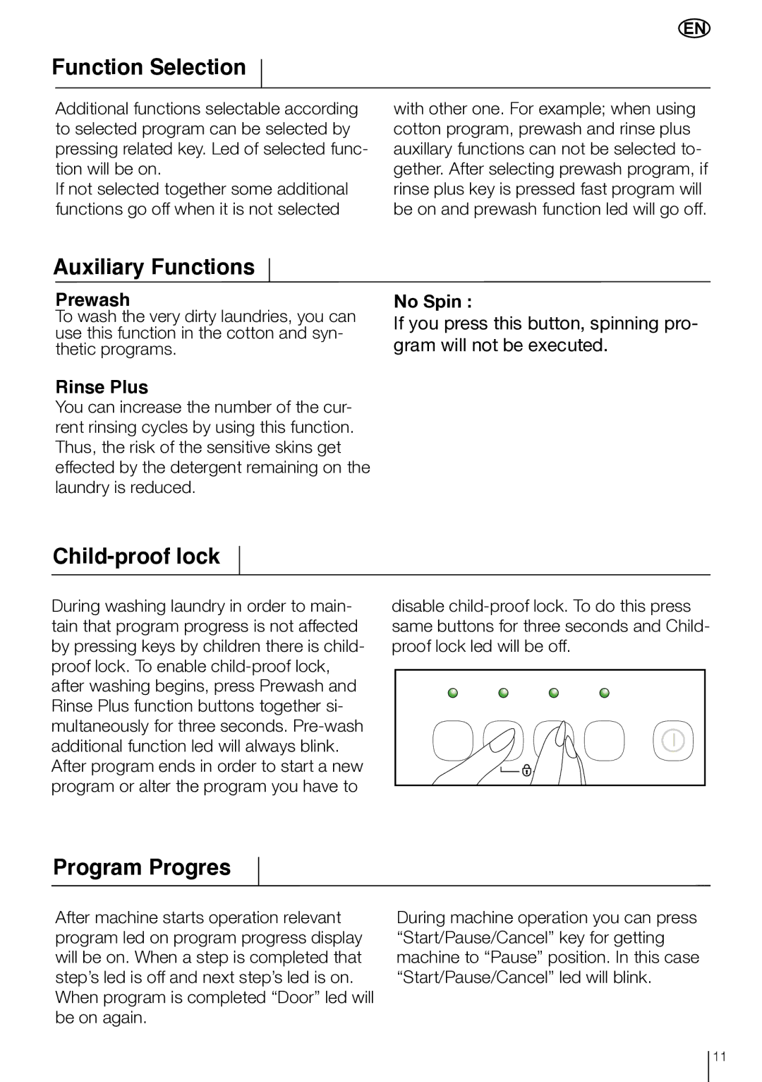 Smeg LBS 635 manual Function Selection, Auxiliary Functions, Child-proof lock, Program Progres 