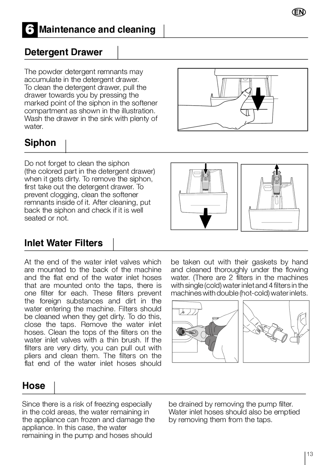 Smeg LBS 635 manual Maintenance and cleaning Detergent Drawer, Siphon, Inlet Water Filters, Hose 