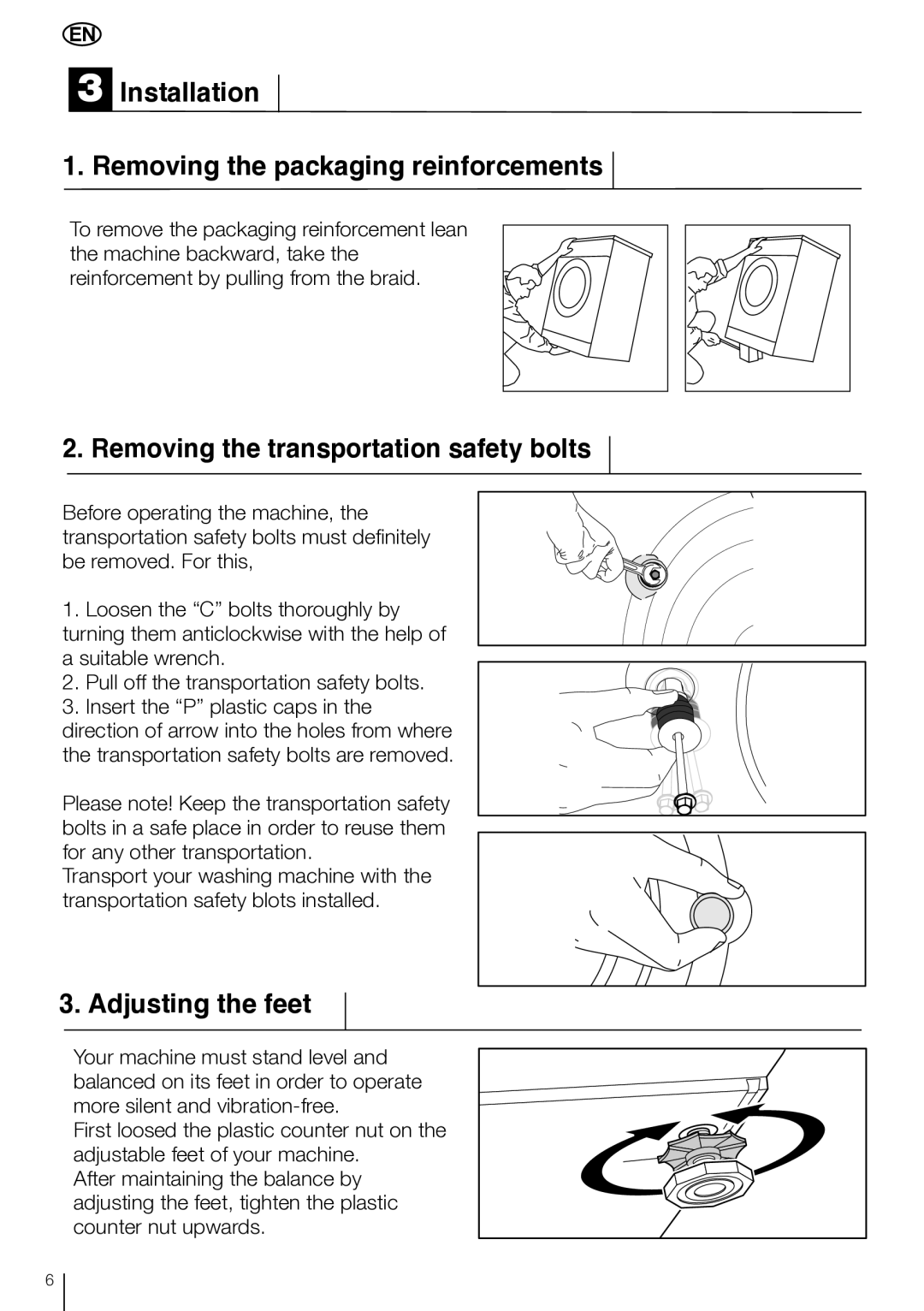 Smeg LBS 635 manual Installation Removing the packaging reinforcements, Removing the transportation safety bolts 