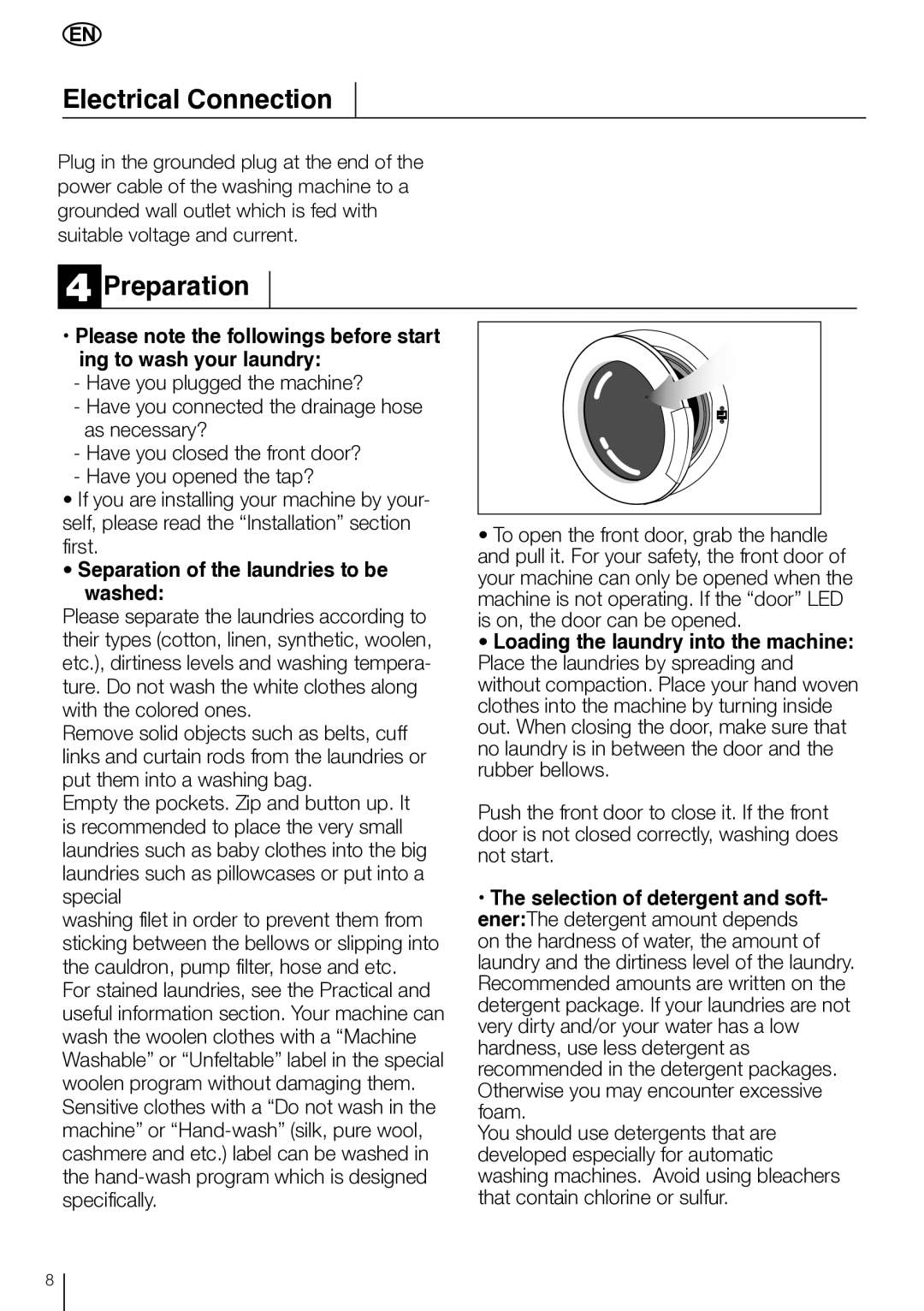 Smeg LBS 635 manual Electrical Connection, Preparation, First, Separation of the laundries to be washed 