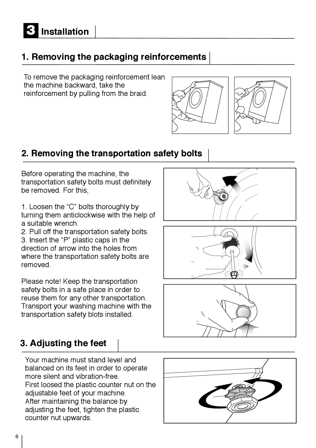 Smeg LBS 845 manual Installation Removing the packaging reinforcements, Removing the transportation safety bolts 