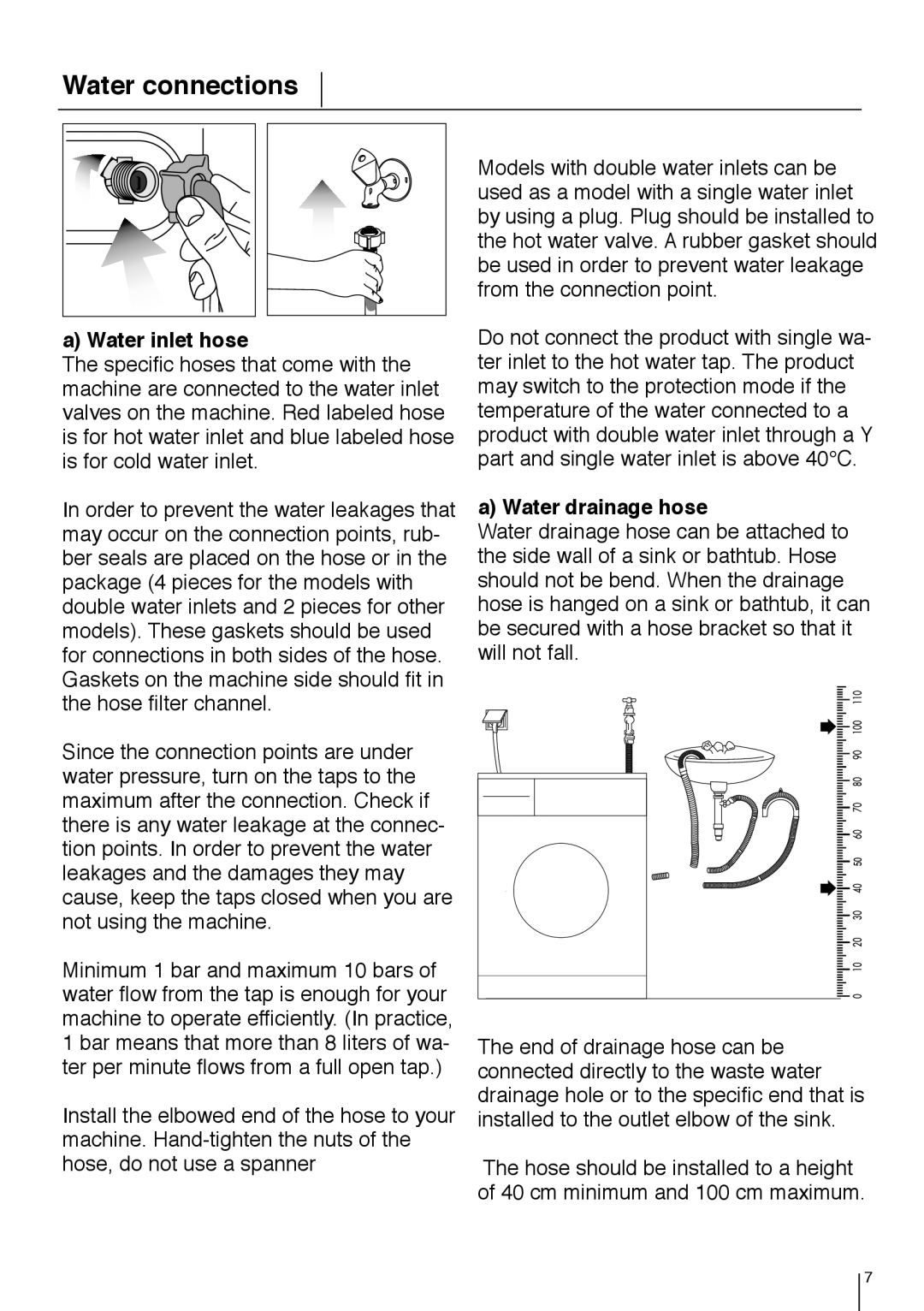 Smeg LBS 845 manual Water connections, Water inlet hose, Water drainage hose 