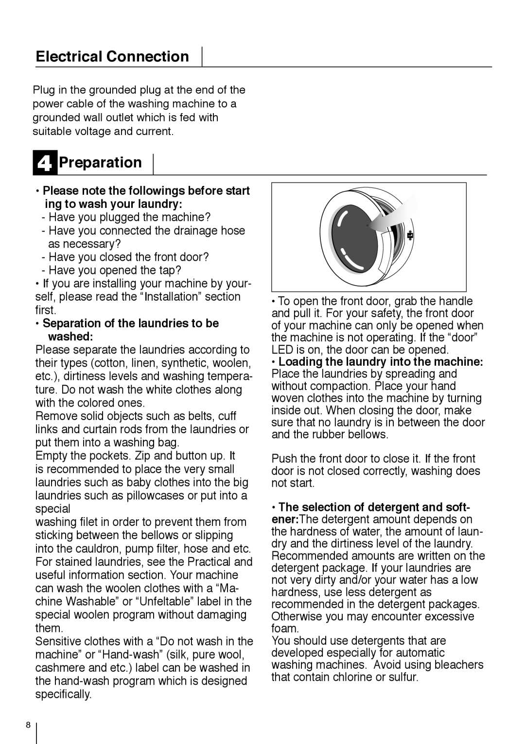 Smeg LBS 845 manual Electrical Connection, Preparation, Separation of the laundries to be washed 