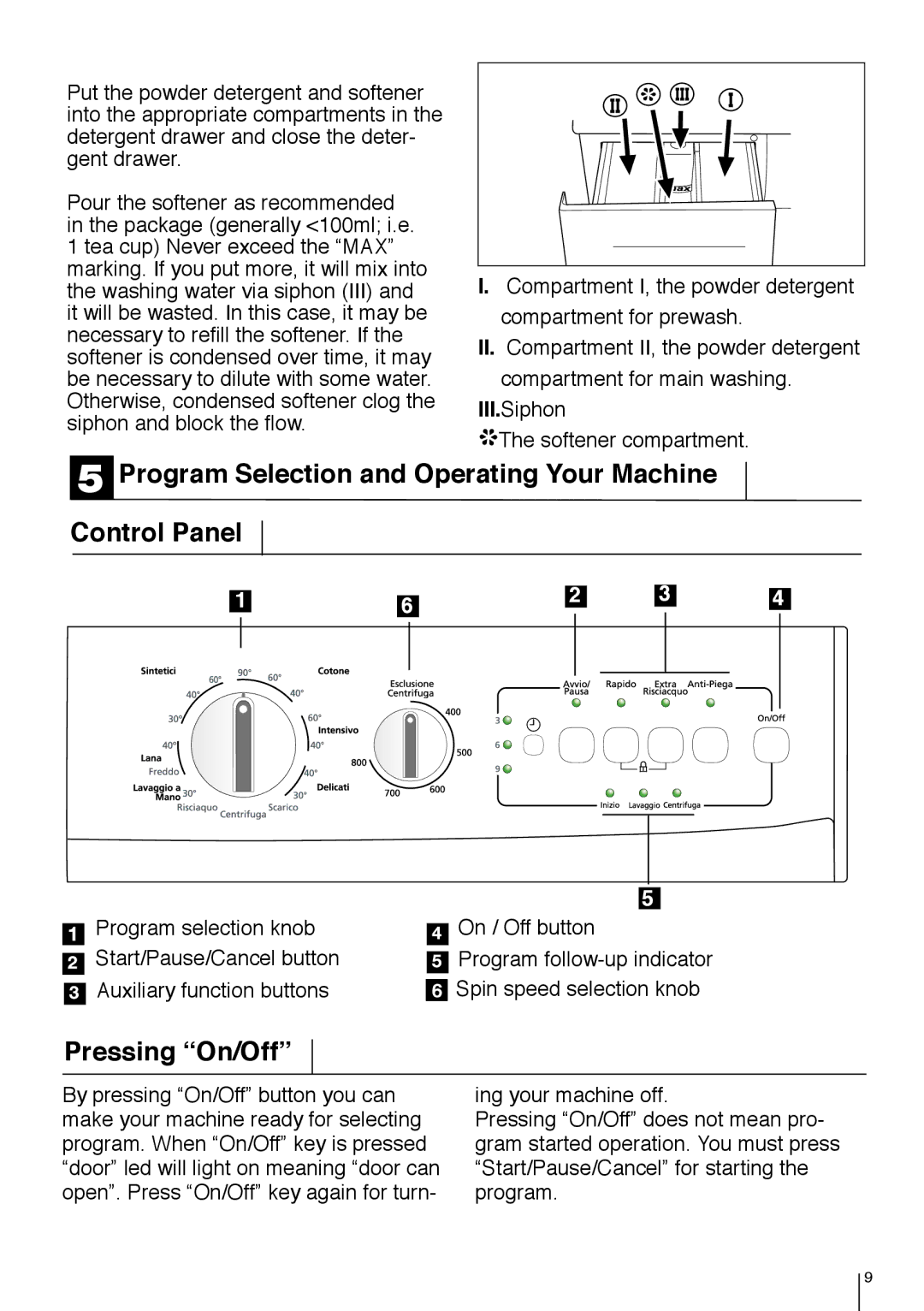 Smeg LBS 845 manual Program Selection and Operating Your Machine Control Panel, Pressing On/Off 