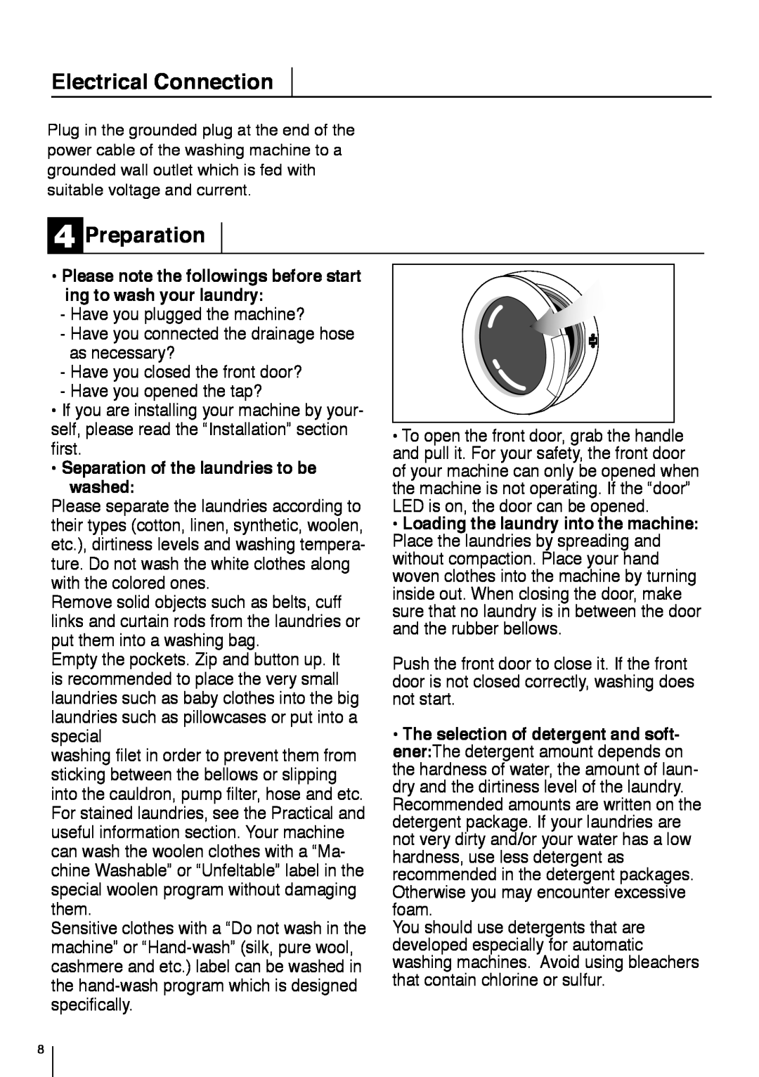 Smeg LBS 845 manual Electrical Connection, Preparation, Please note the followings before start ing to wash your laundry 