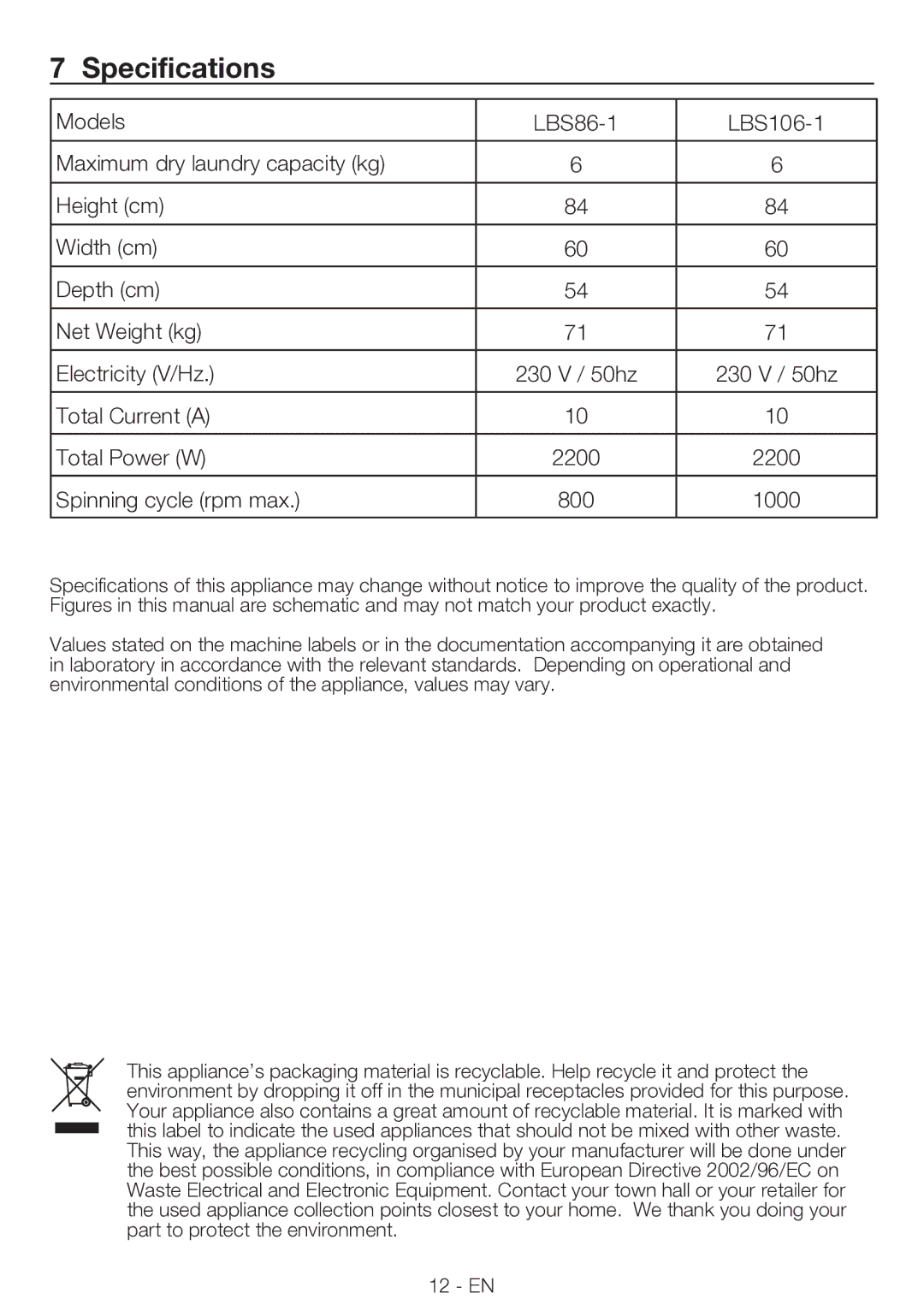 Smeg LBS106-1, LBS86-1 manual Specifications 