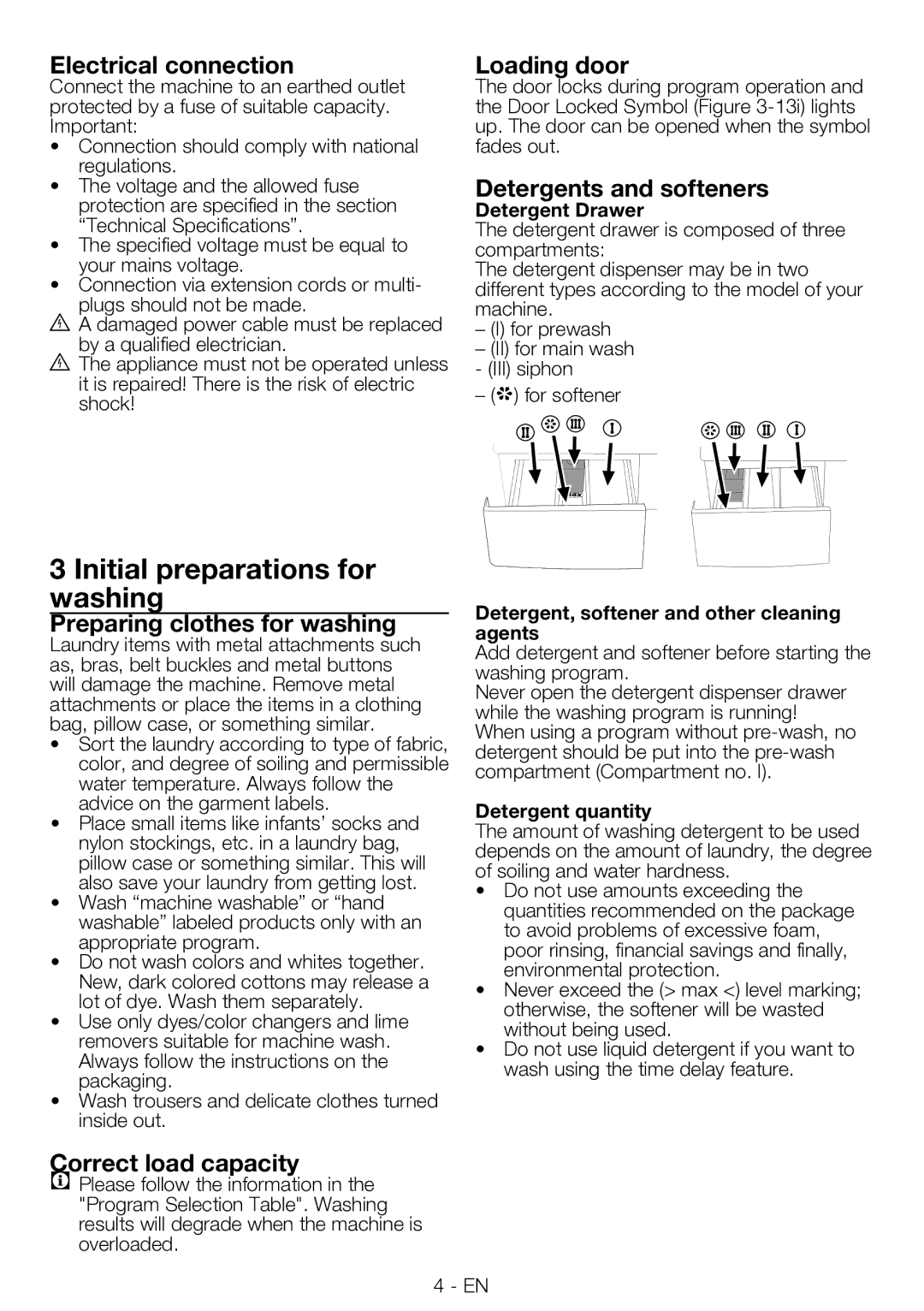 Smeg LBS106-1, LBS86-1 manual Initial preparations for Washing, Electrical connection Loading door, Detergents and softeners 