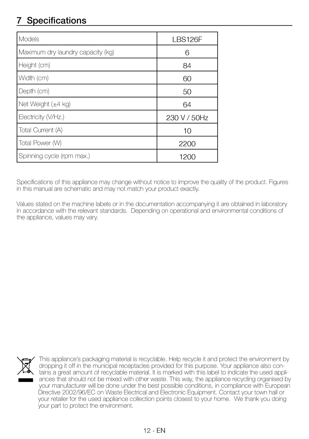 Smeg LBS126F manual Specifications 