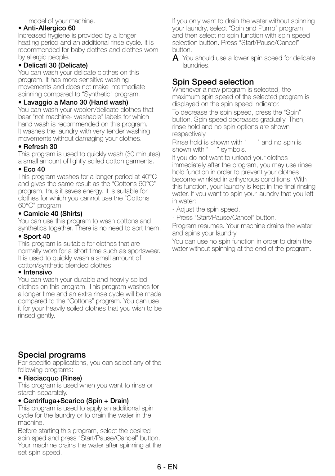 Smeg LBS126F manual Spin Speed selection, Special programs 