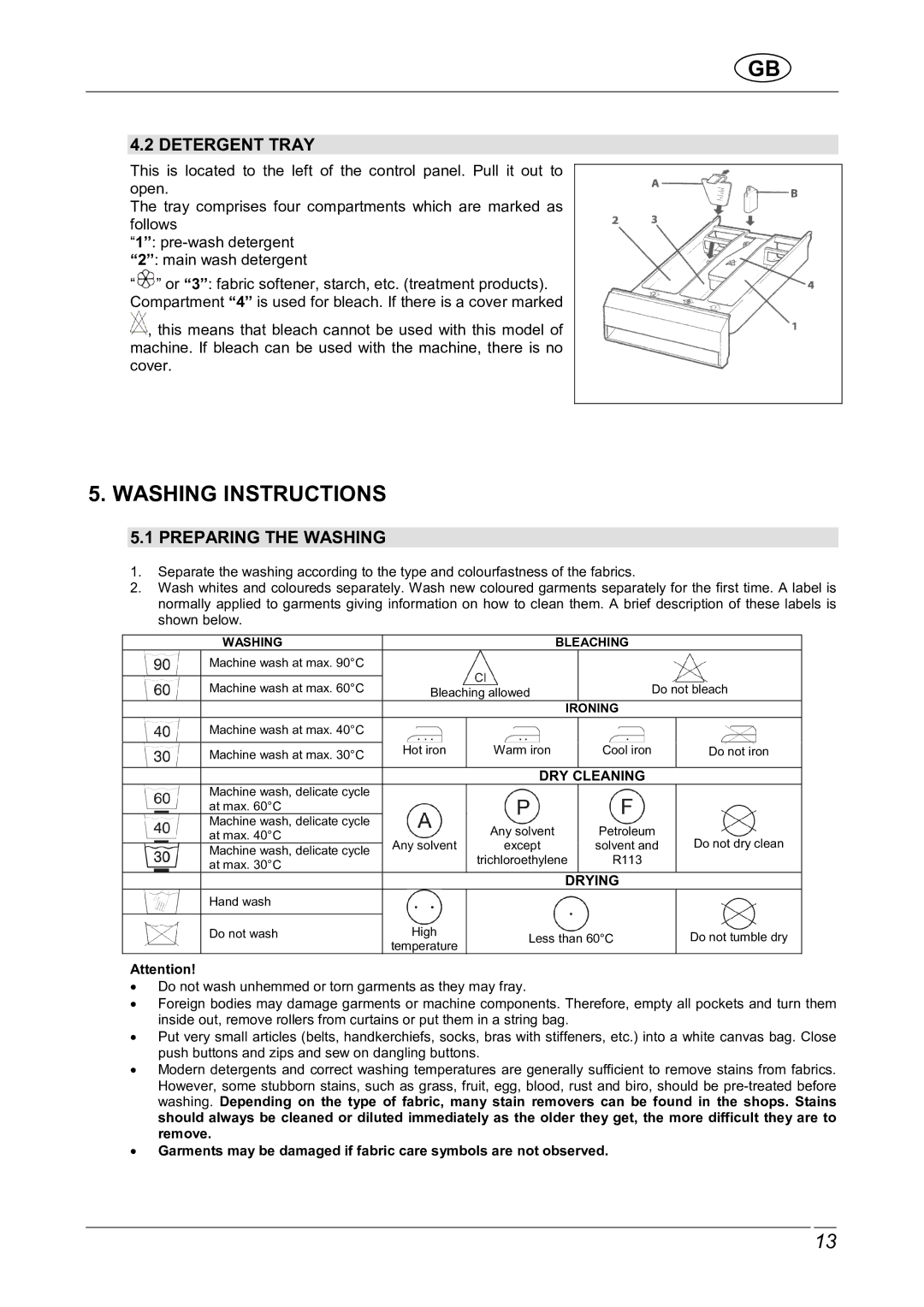 Smeg LBS1600X manual Washing Instructions, Detergent Tray, Preparing the Washing 