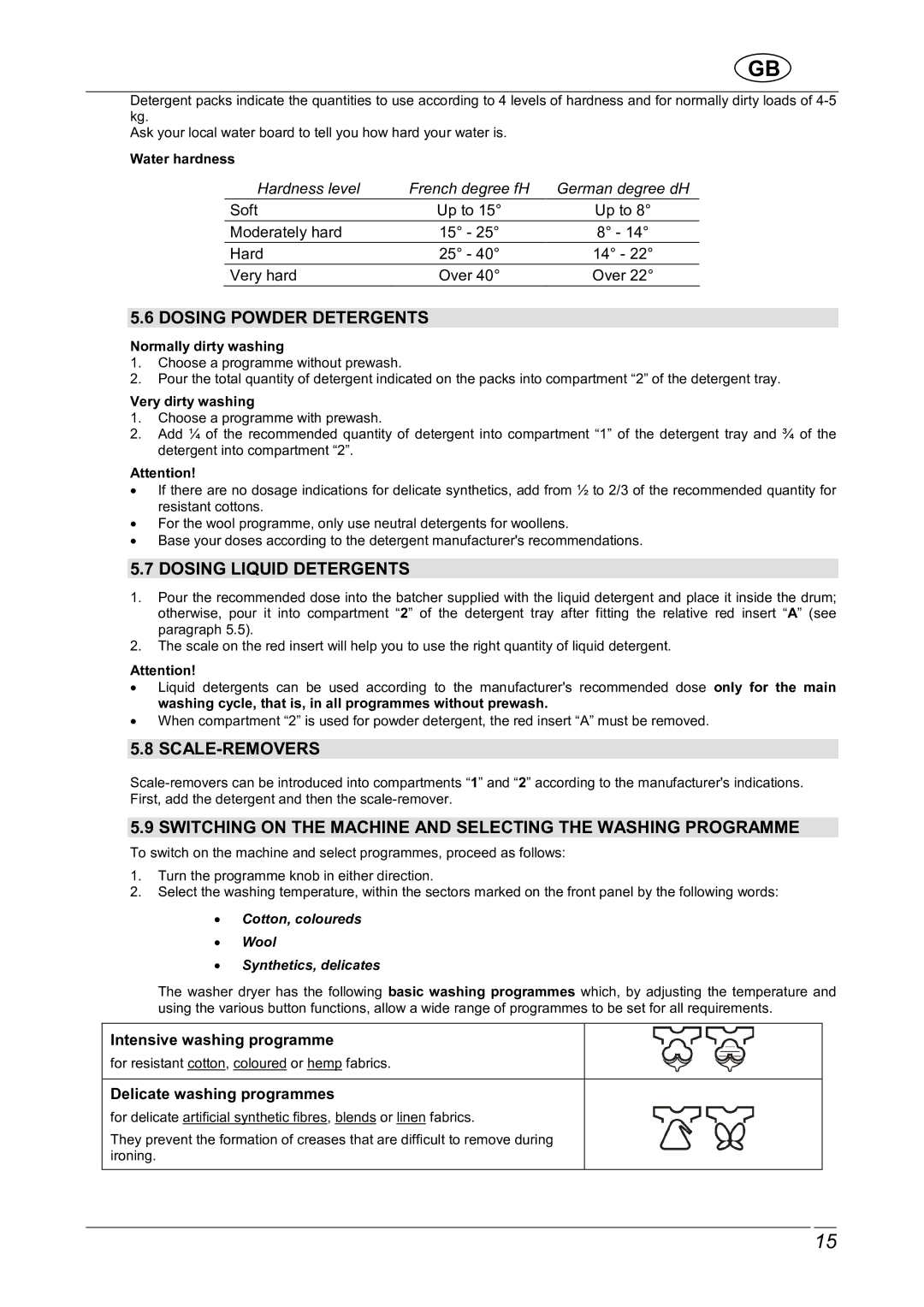 Smeg LBS1600X manual Dosing Powder Detergents, Dosing Liquid Detergents, Scale-Removers 