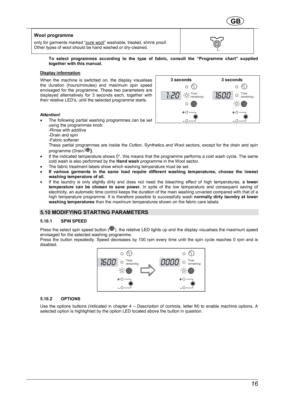 Smeg LBS1600X manual Modifying Starting Parameters, Wool programme 