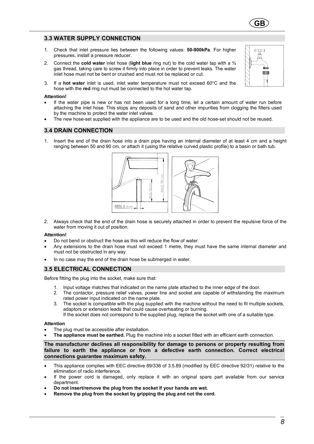 Smeg LBS1600X manual Water Supply Connection, Drain Connection, Electrical Connection 