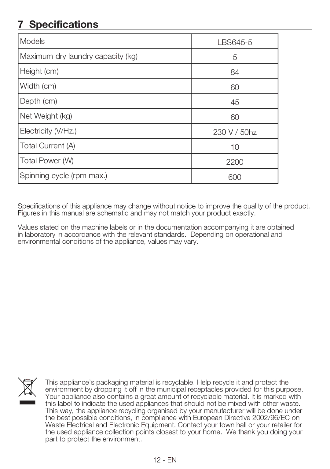 Smeg LBS645-5 manual Specifications 