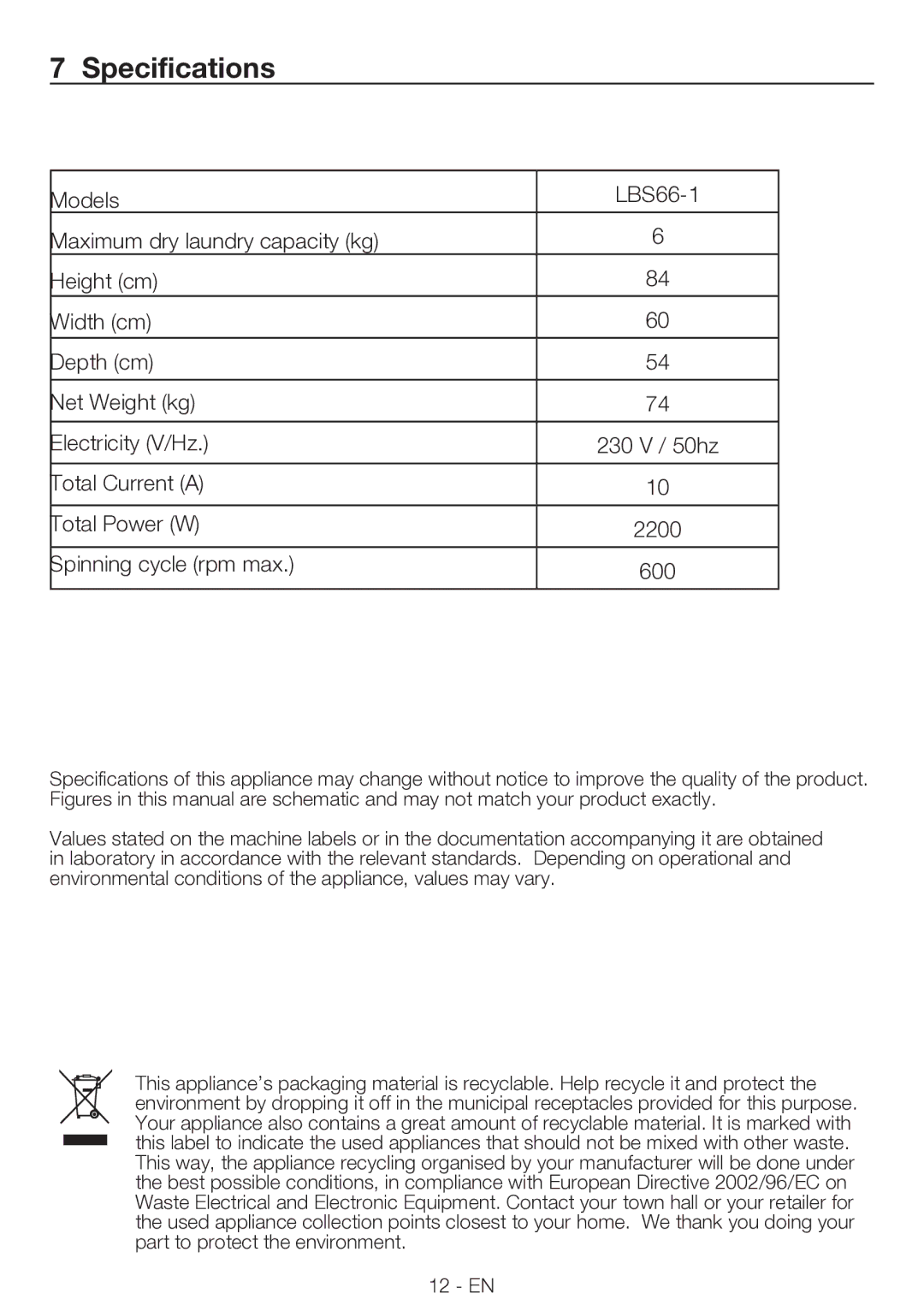 Smeg LBS66-1 manual Specifications 