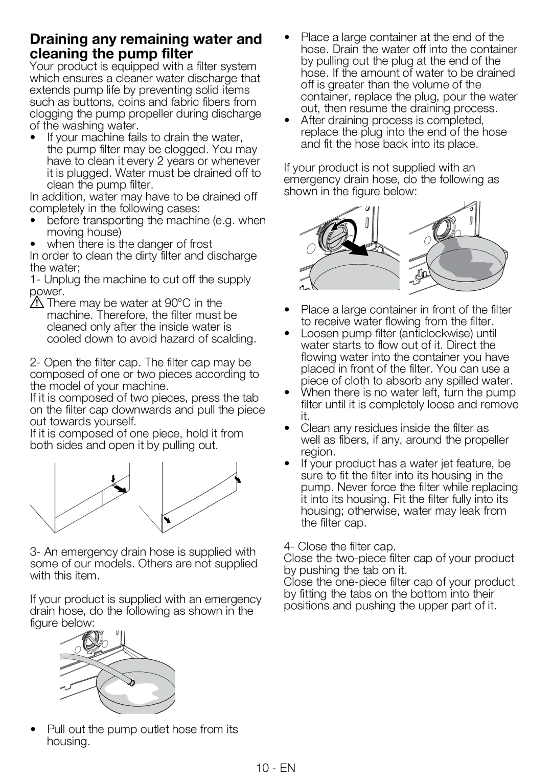 Smeg LBS845-5 manual Draining any remaining water and cleaning the pump filter 