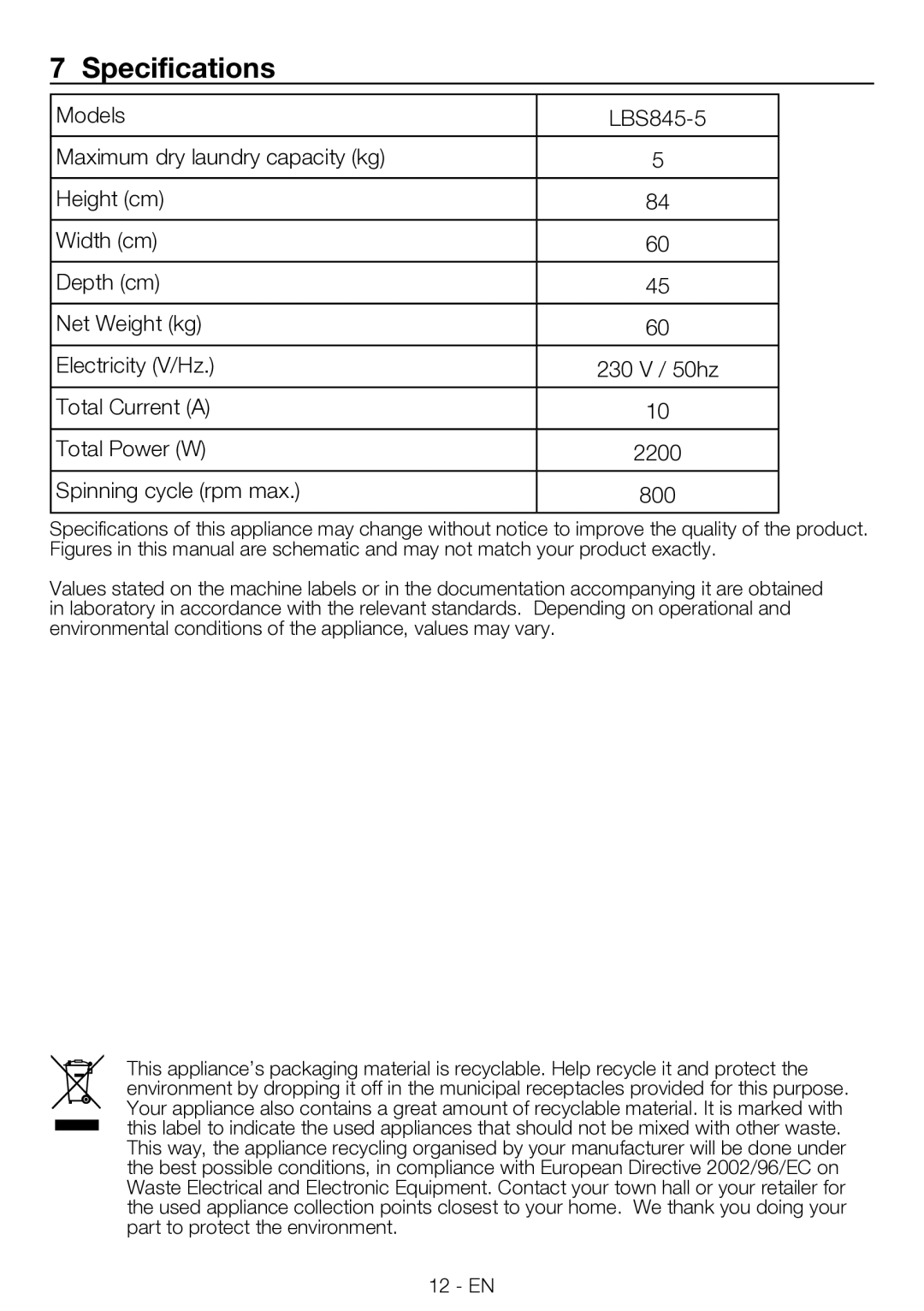 Smeg LBS845-5 manual Specifications 